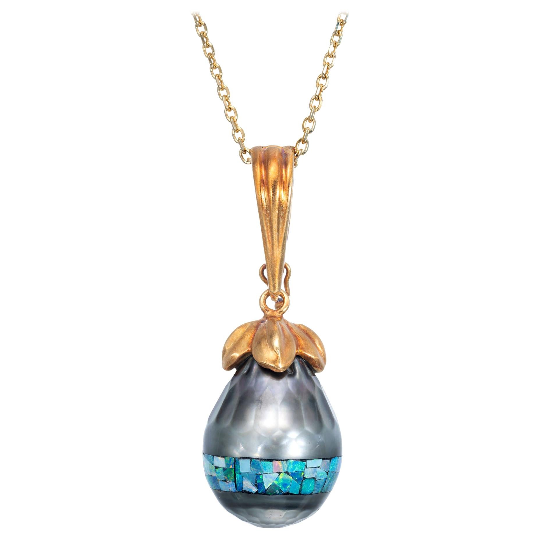 Robin Rotenier Cultured Black South Sea Pearl Opal Yellow Gold Pendant Necklace
