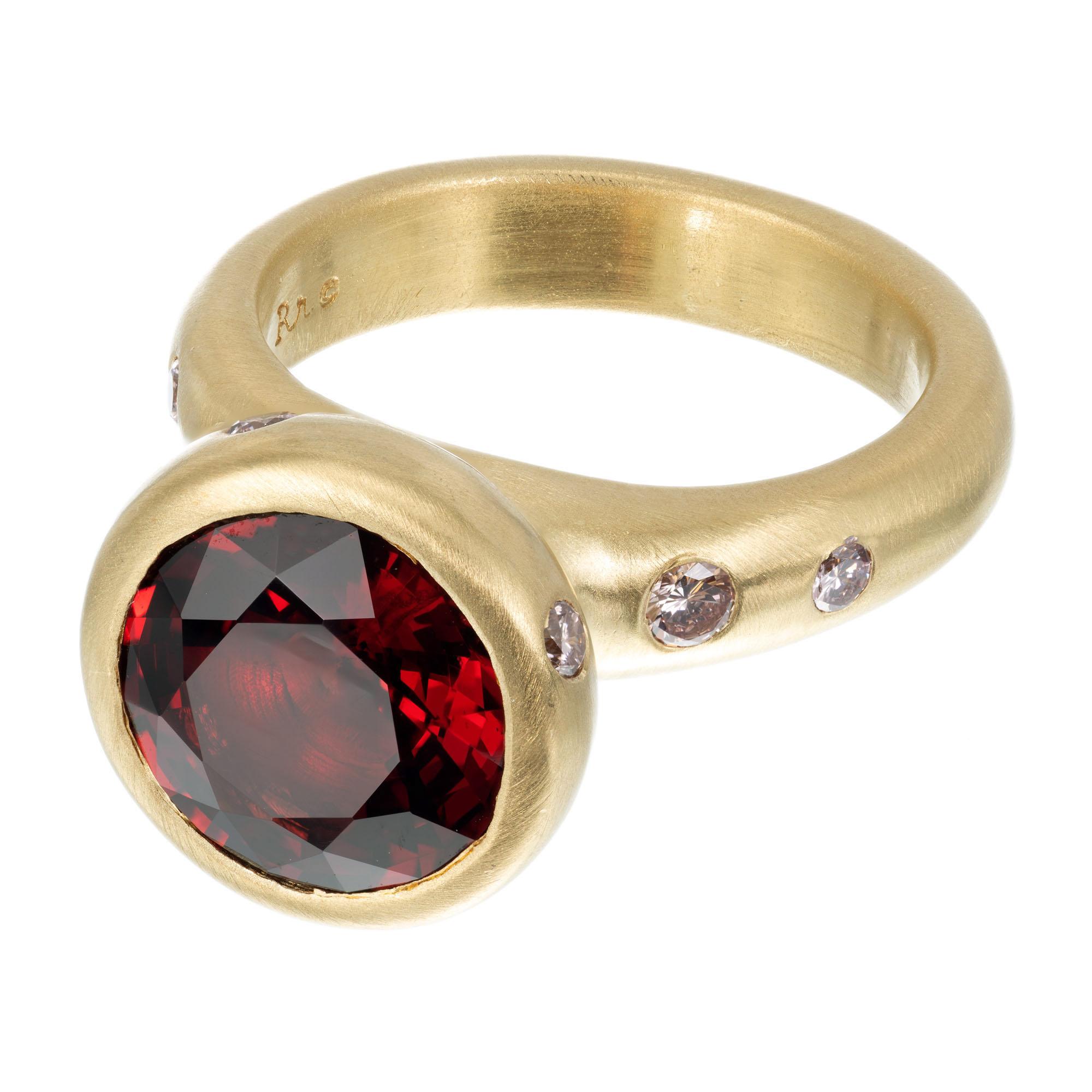 Robin Rotenier round spinel and pink diamond cocktail ring. GIA certified natural. 4.64 center spinel with 11 round pink accent diamonds in a 18k yellow gold setting. Signed Rotenier 

1 natural round red spinel VS, approx. 4.64ct GIA Certificate #
