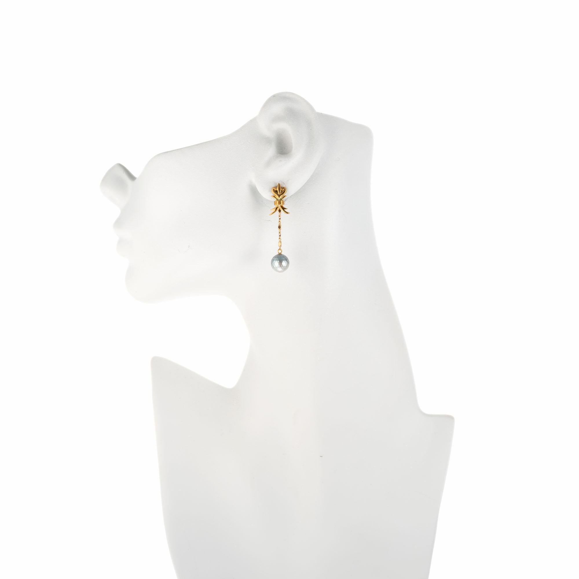 Robin Rotenier Pearl Yellow Gold Drop Dangle Earrings In Excellent Condition For Sale In Stamford, CT