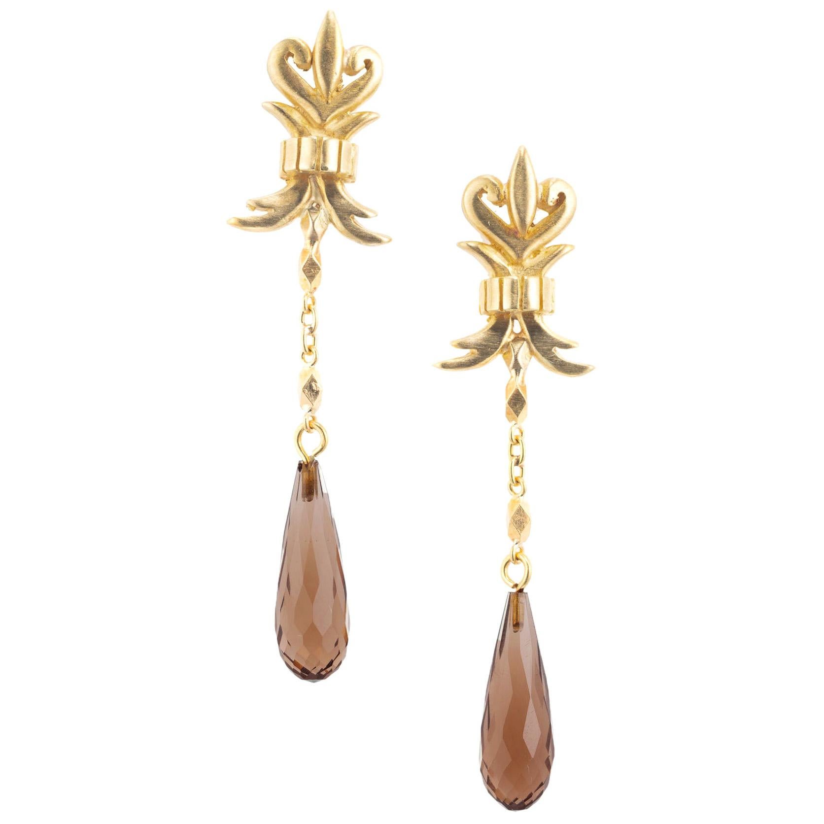 Robin Rotenier Smoky Quartz Yellow Gold Dangle Earrings For Sale