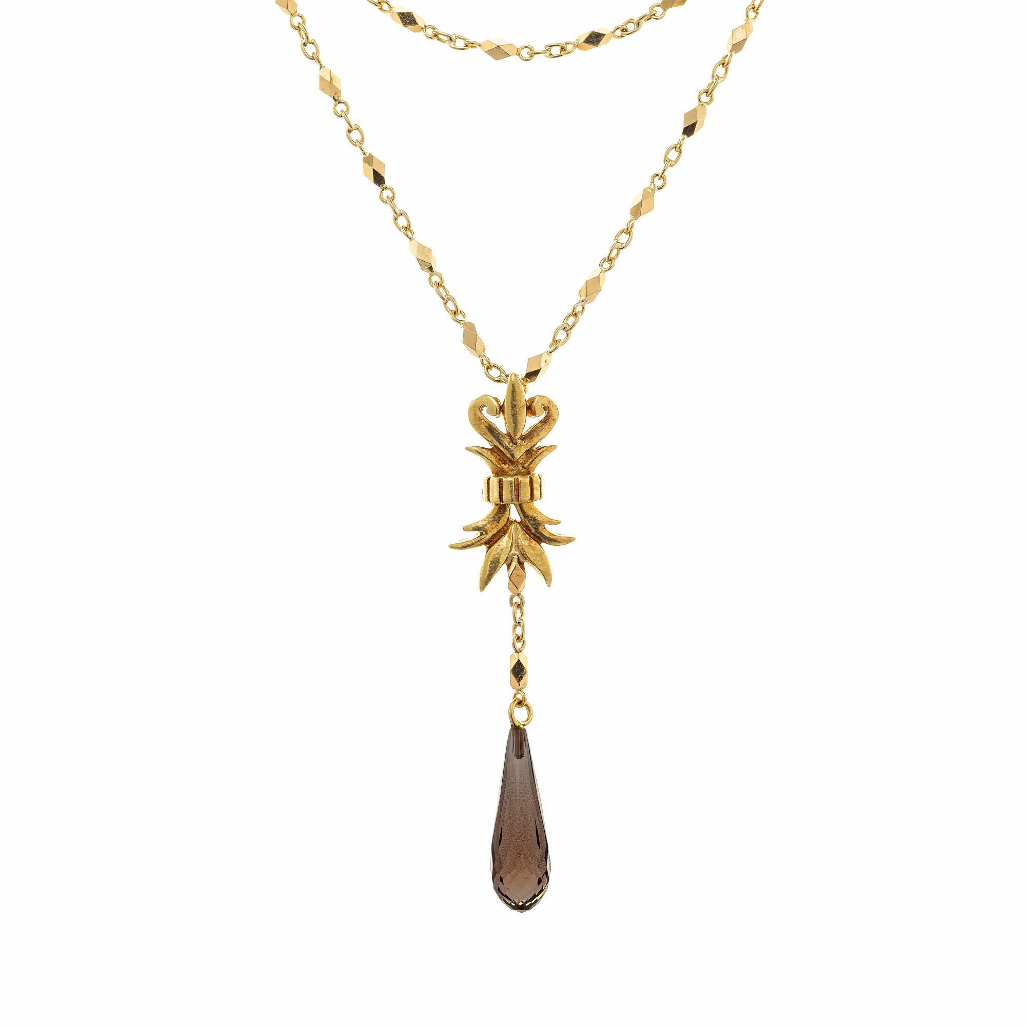 Robin Rotenier brown quartz pendant necklace. Multi 18k yellow gold chain with a smoky quartz briolette dangle drop. 17.5 inches in length.  

1 brown smoky quartz briolette, VS
18k yellow gold 
Stamped: 18k 750
Hallmark: RR
13.8 grams
Top to