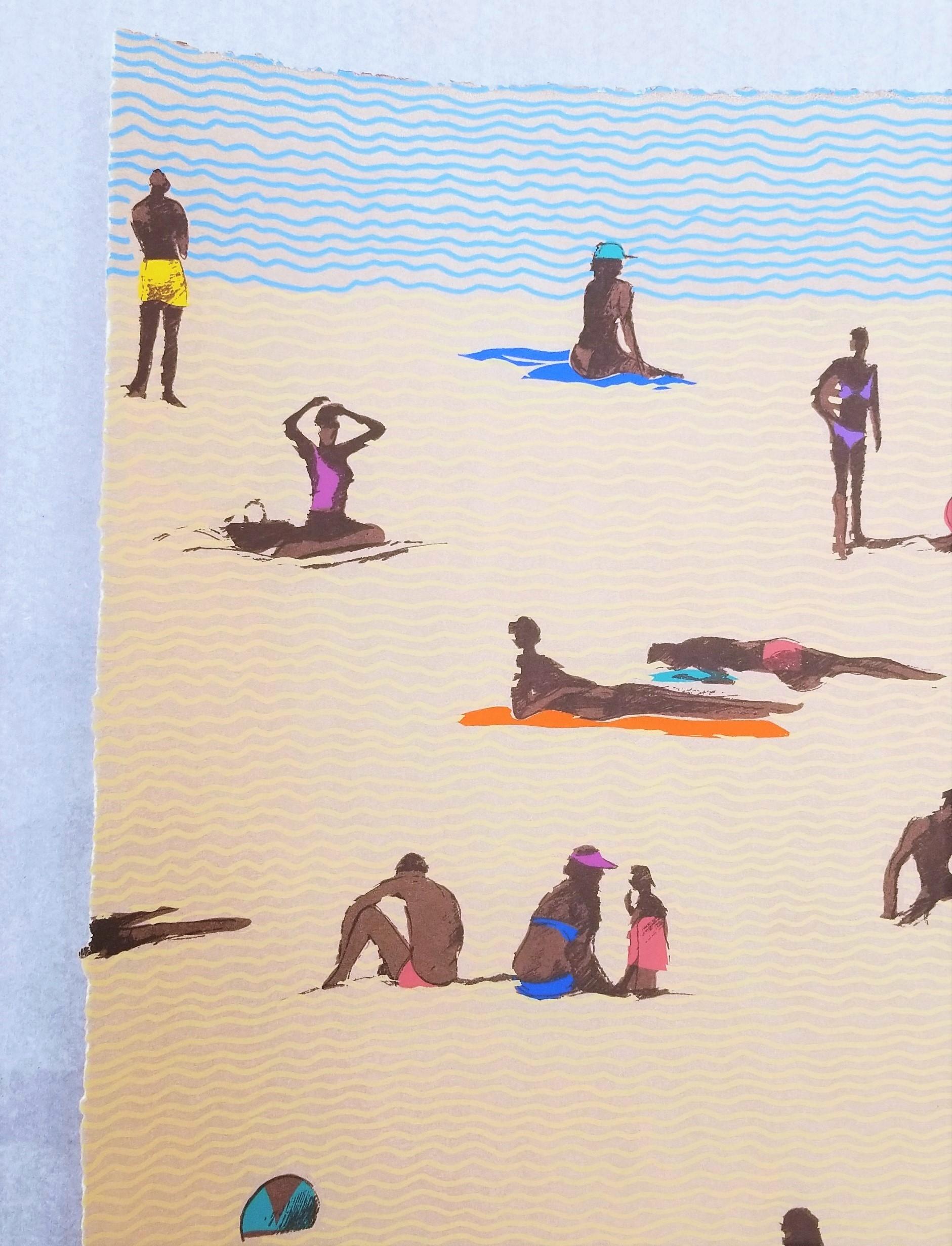 St. Tropez /// Arte Pop Contemporáneo Playa Costa del Océano Figurativo Natación Moderno - Figurative Print Beige de Robin Shepherd