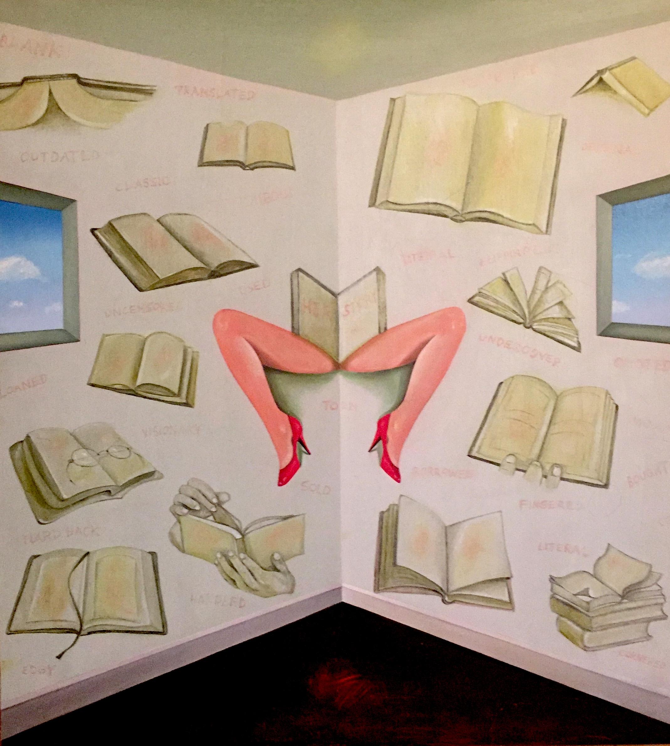 Robin Tewes Figurative Painting - "Her Story" Painting, Oil on Birch Panel, Figurative, Nude, Books