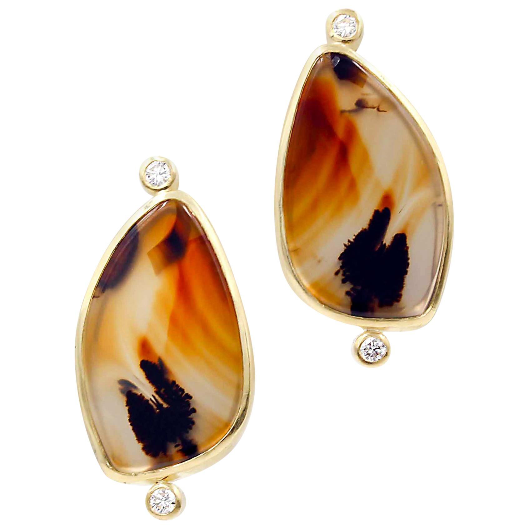 Robin Waynee 18 Karat Gold, Diamond and Agate Earrings For Sale