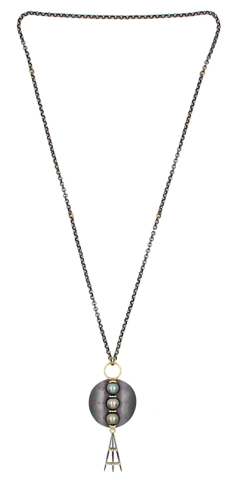 Contemporary Robin Waynee, 3 Pearl Necklace, Sapphire, Diamond, Pearl, Silver and 18K Gold For Sale