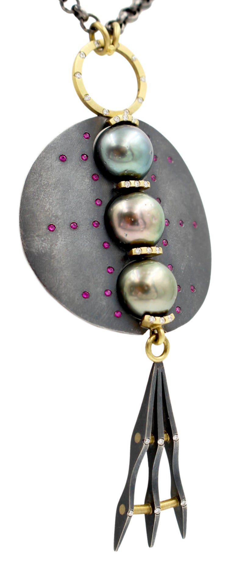 Women's Robin Waynee, 3 Pearl Necklace, Sapphire, Diamond, Pearl, Silver and 18K Gold For Sale