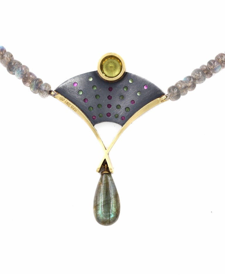 Contemporary Robin Waynee, Labradorite, Garnet, Sapphire, Diamond, Silver, 18K Gold Necklace For Sale