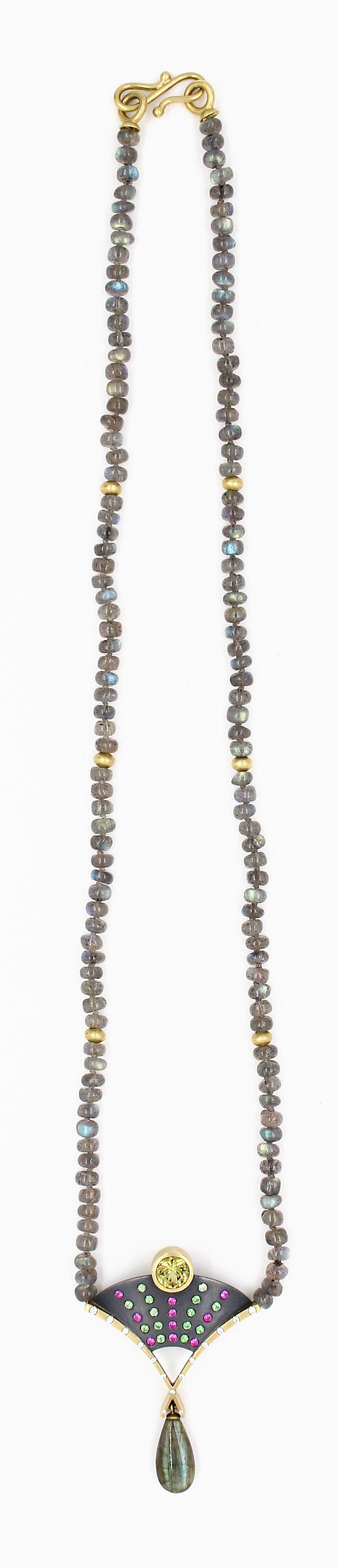 Robin Waynee, Labradorite, Garnet, Sapphire, Diamond, Silver, 18K Gold Necklace In New Condition For Sale In Santa Fe, NM