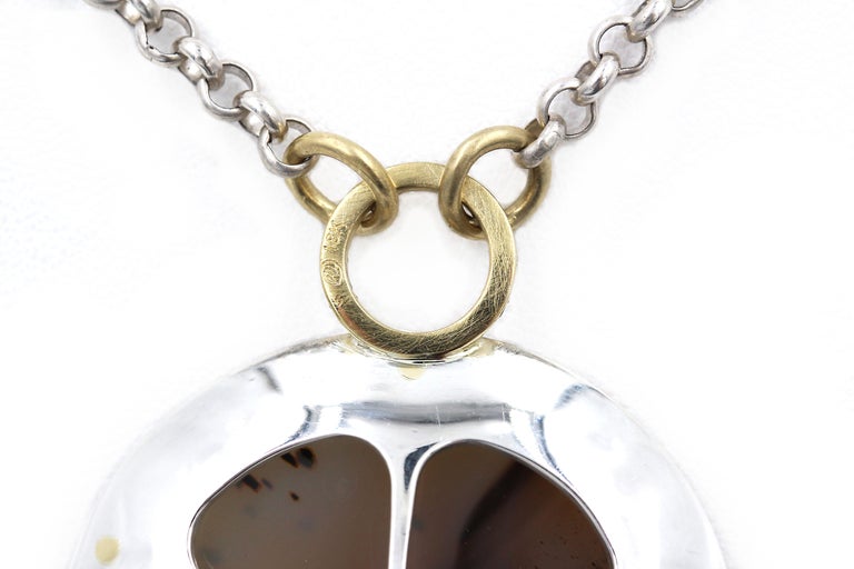 Contemporary Robin Waynee, Montana Agate Necklace, Sterling Silver and 18 Karat Gold For Sale