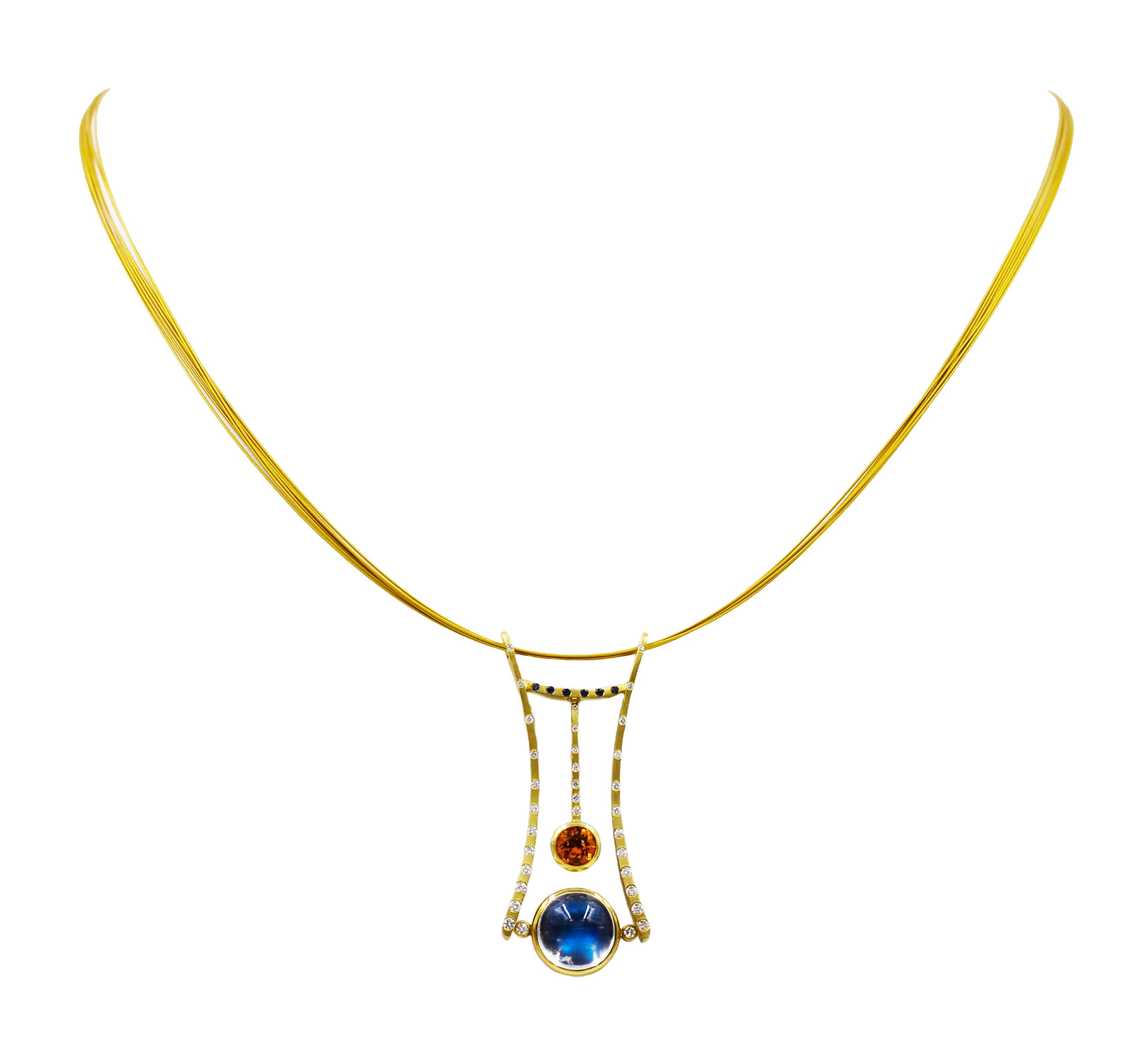 Contemporary Robin Waynee Moonstone Garnet Sapphire Diamond Silver and 18 Karat Gold Pendant For Sale