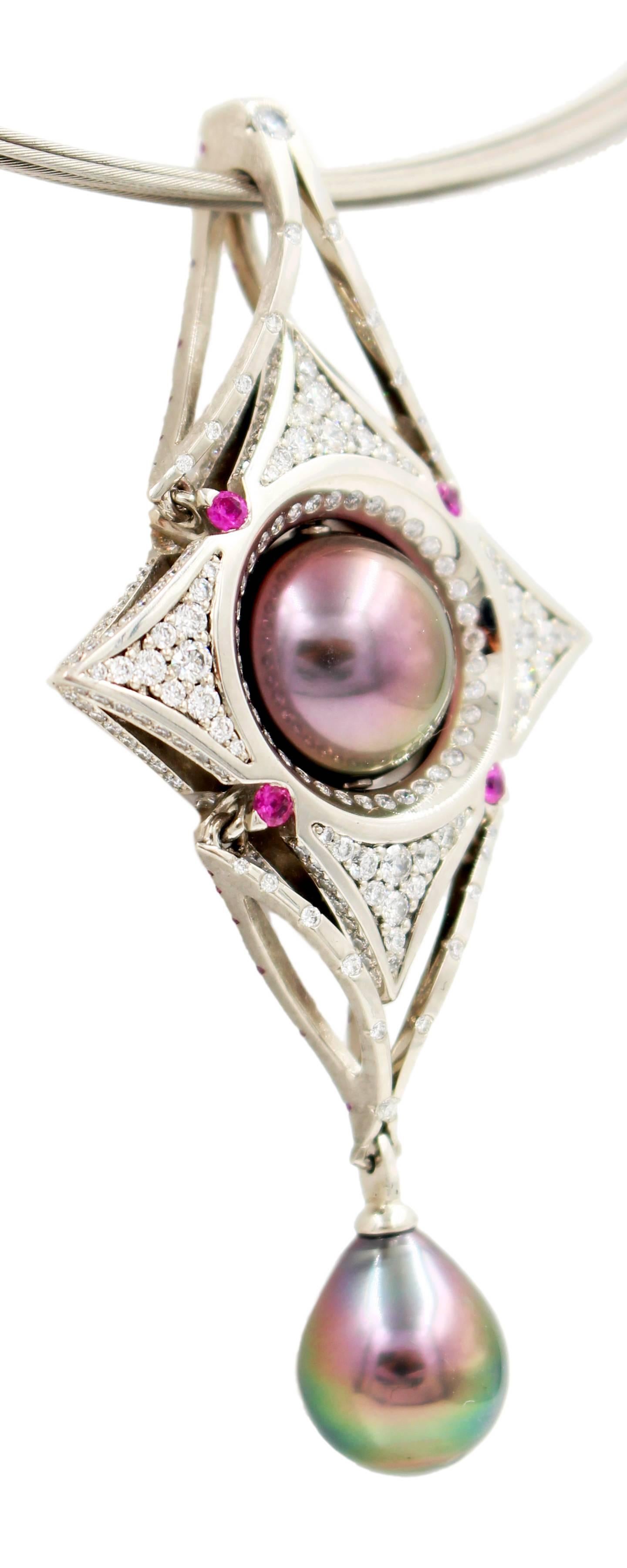 Robin Waynee, Reversable Palladium Pendant, palladium, pearl, diamond, sapphire