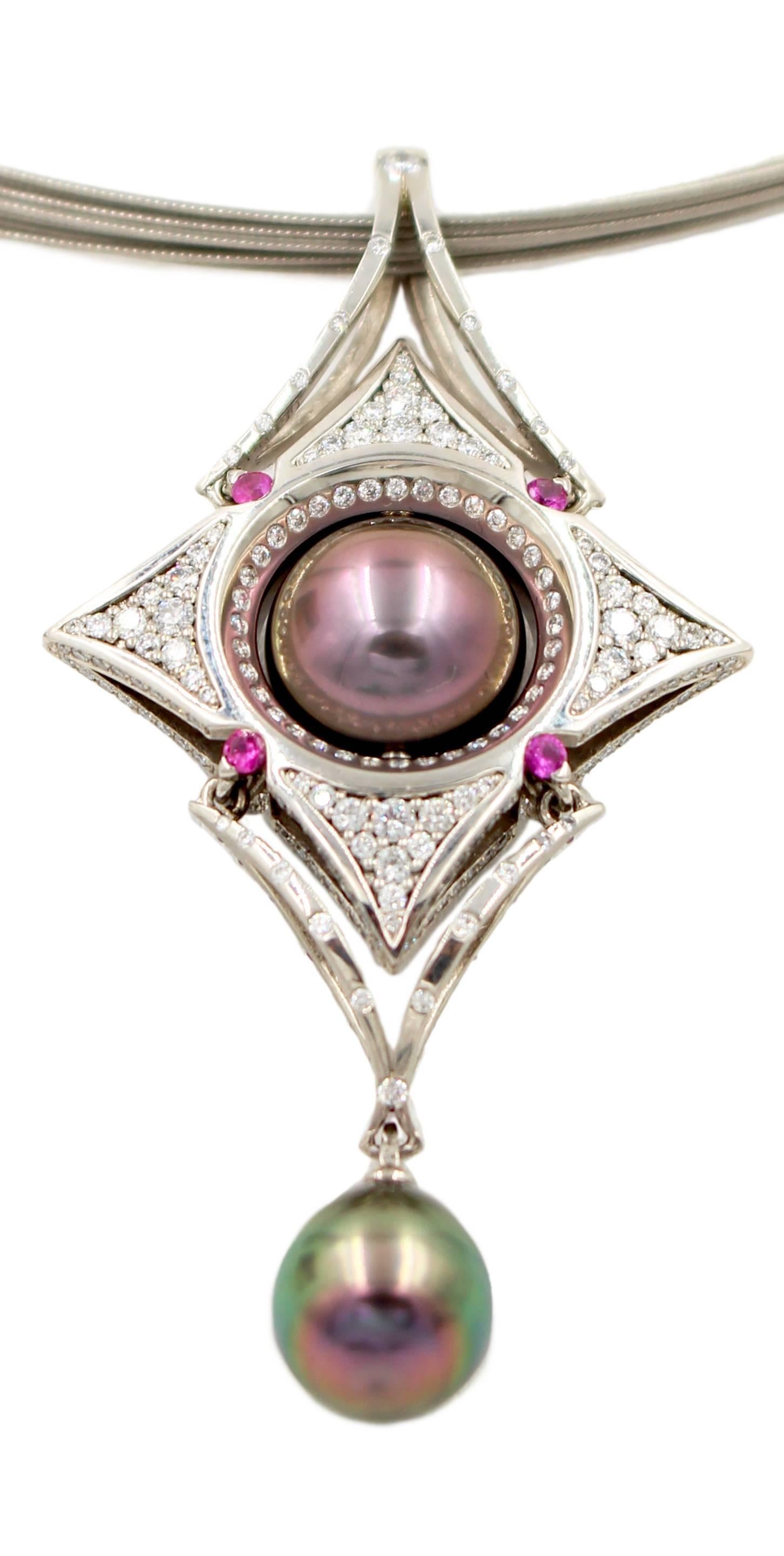 Women's or Men's Robin Waynee Reversable Palladium Pendant, Palladium, Pearl, Diamond, Sapphire For Sale