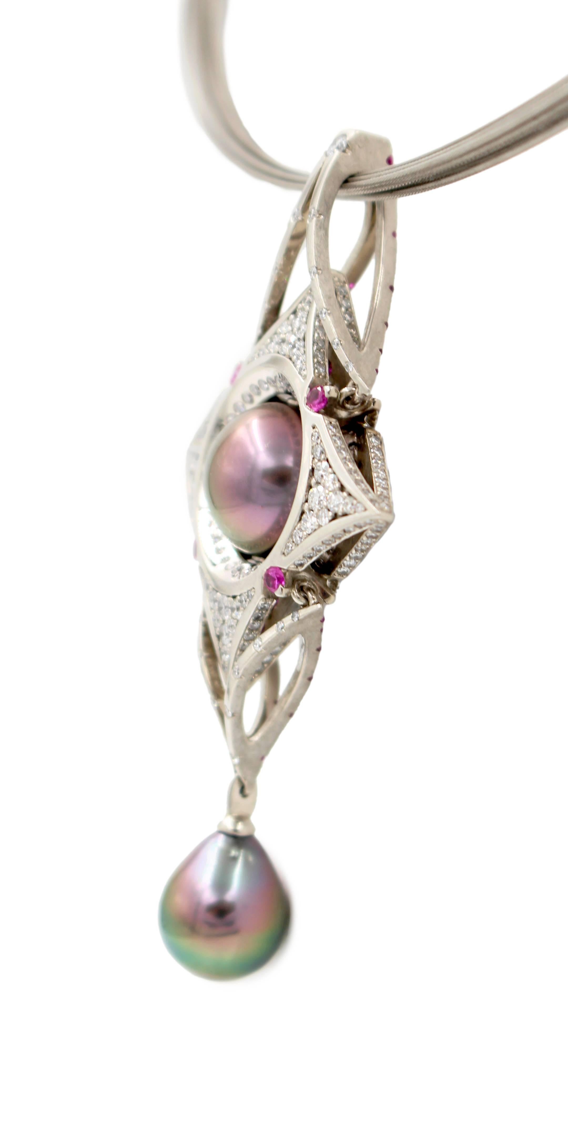 Robin Waynee Reversable Palladium Pendant, Palladium, Pearl, Diamond, Sapphire For Sale 1