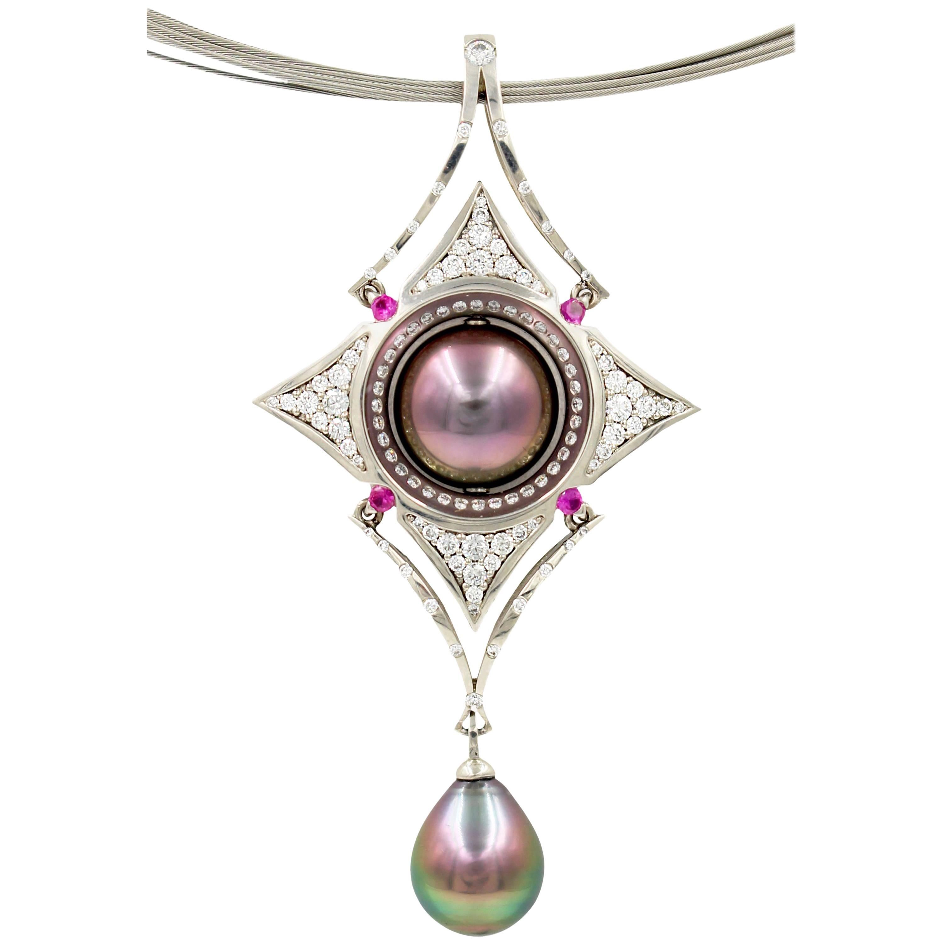 Robin Waynee Reversable Palladium Pendant, Palladium, Pearl, Diamond, Sapphire For Sale