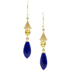 Robin Waynee, VS1 Diamonds, 18 Karat Gold, Yellow Sapphire and Lapis Earrings