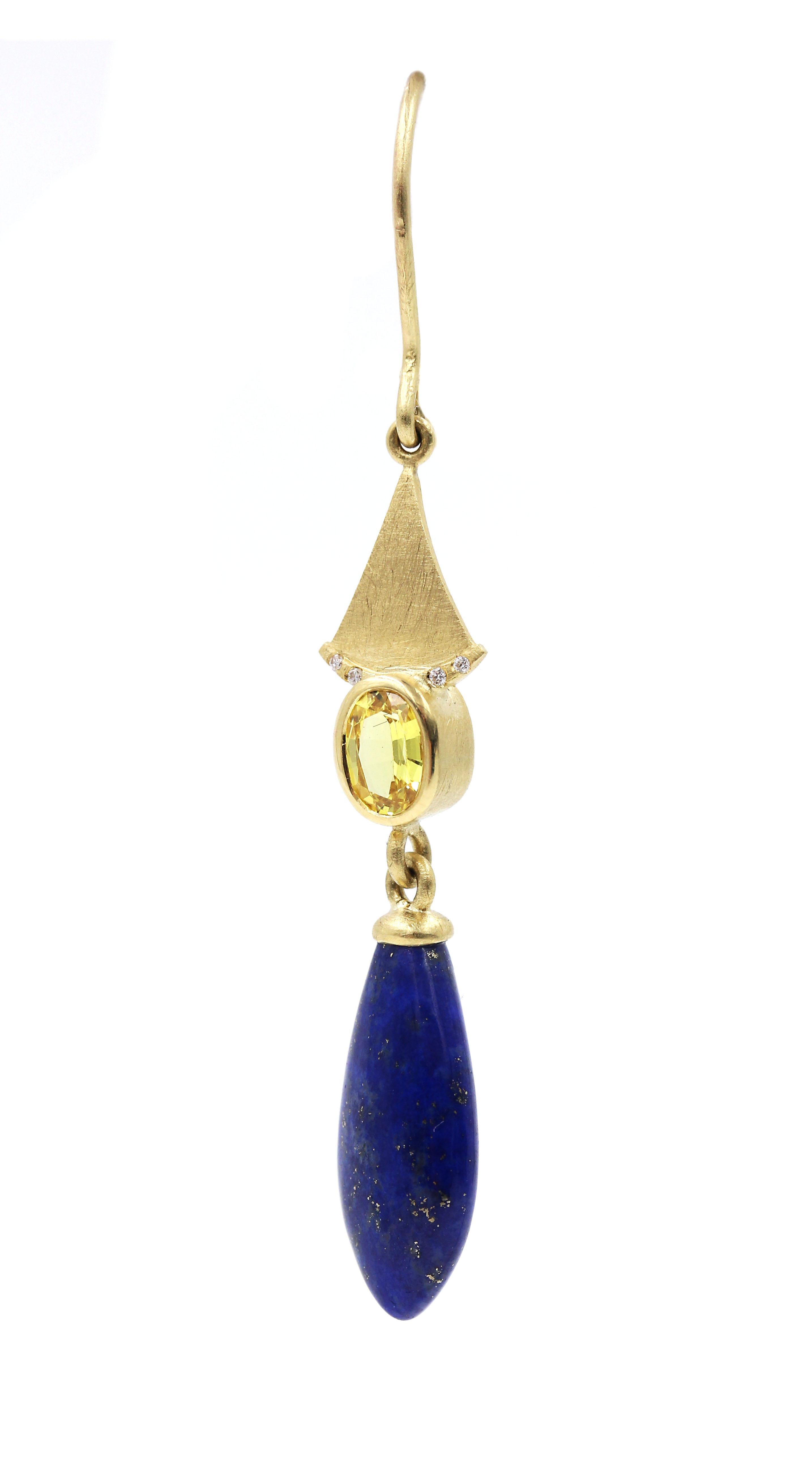 Contemporary Robin Waynee, VS1 Diamonds, 18 Karat Gold, Yellow Sapphire and Lapis Earrings For Sale