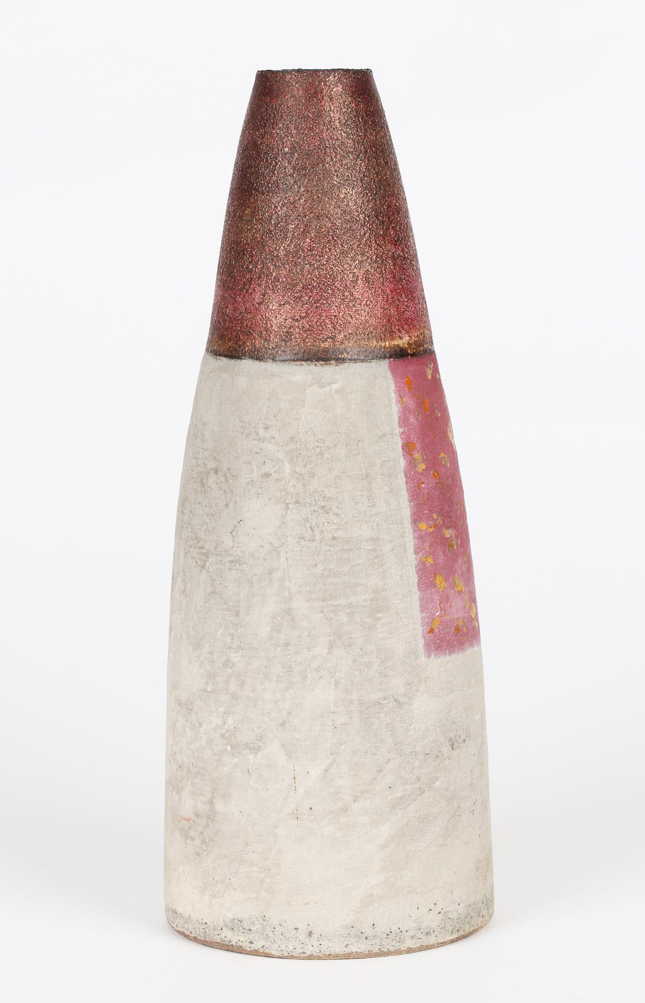 Hand-Crafted Robin Welch Studio Pottery Panel Glazed Stonware Graduated Cylindrical Vase For Sale