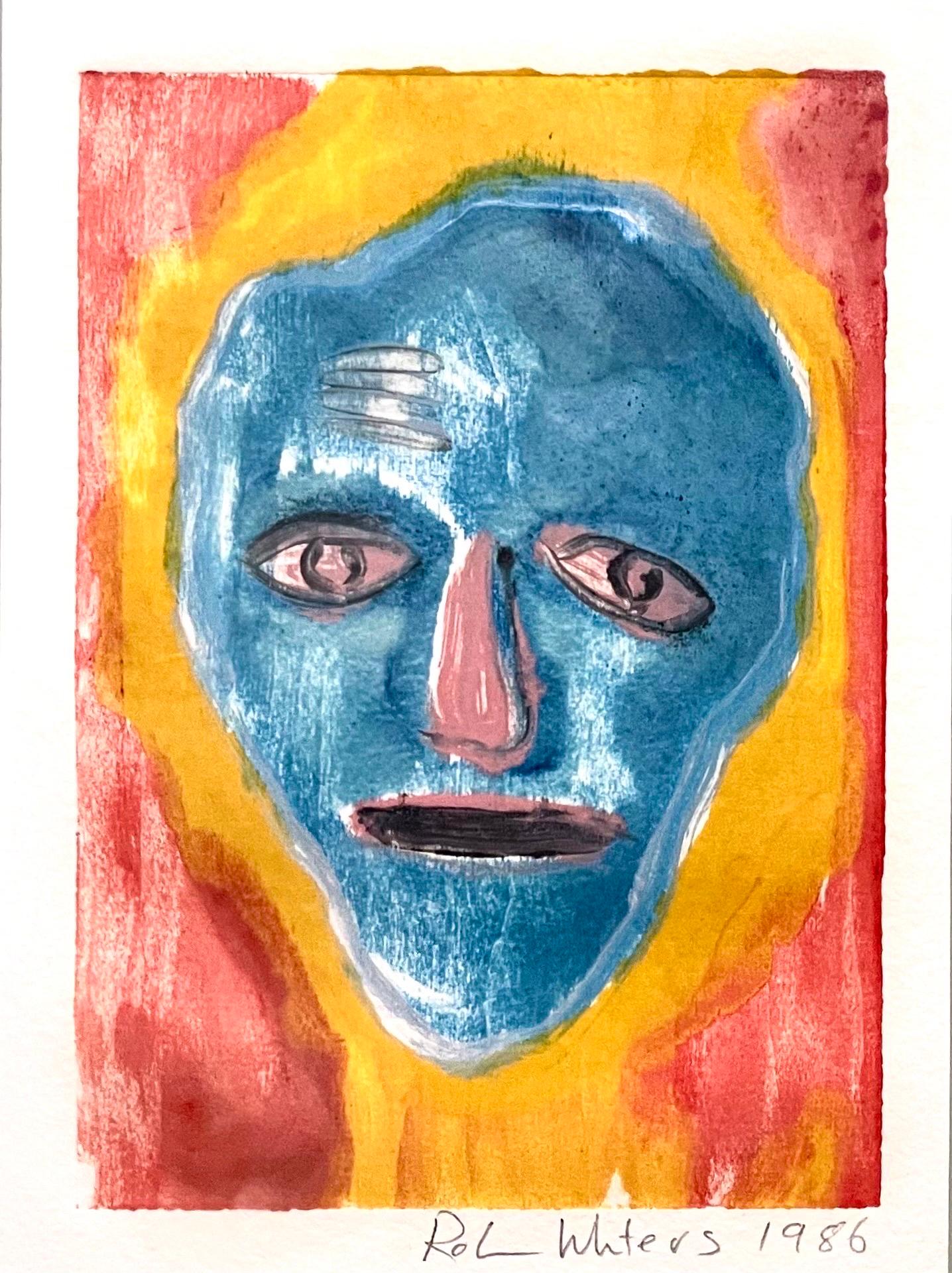 Robin Winters (Américain, né en 1950), 
Untitled (Red Face) from "Cherry Block Series" 1986, monotype, crayon signé et daté en bas à droite, plaque : 6 "h x 8.5 "l, total (avec cadre) : 22.25 "h x 18.25 "l. Provenance : Propriété d'une collection