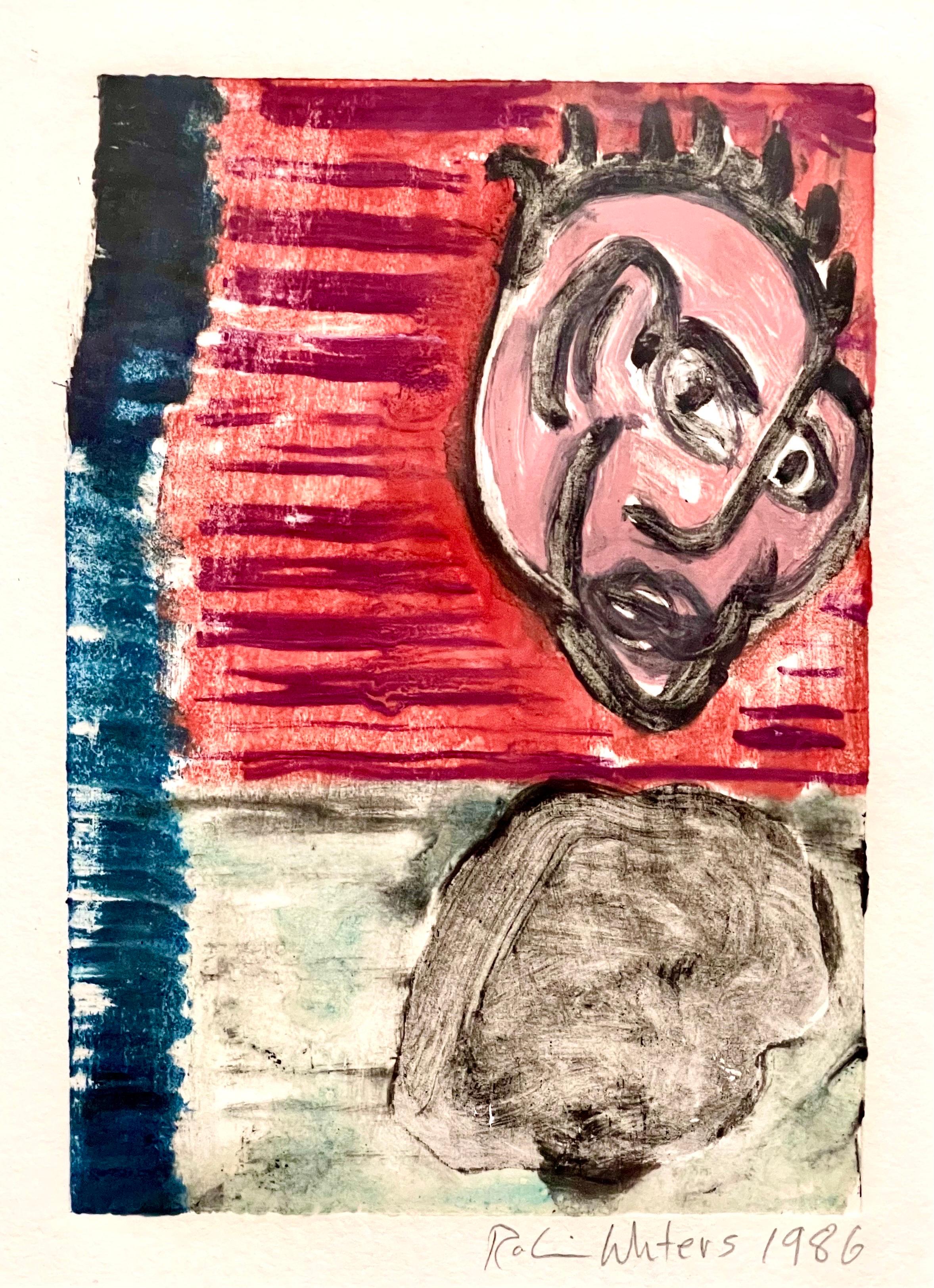 Robin Winters (Amerikaner, geboren 1950), 
Ohne Titel (Rotes Gesicht) aus "Cherry Block Series" 1986, Monotypie, mit Bleistift signiert und datiert unten rechts, Platte: 6 "H x 8,5 "B, insgesamt (mit Rahmen): 22,25 "H x 18,25 "B. Provenienz: