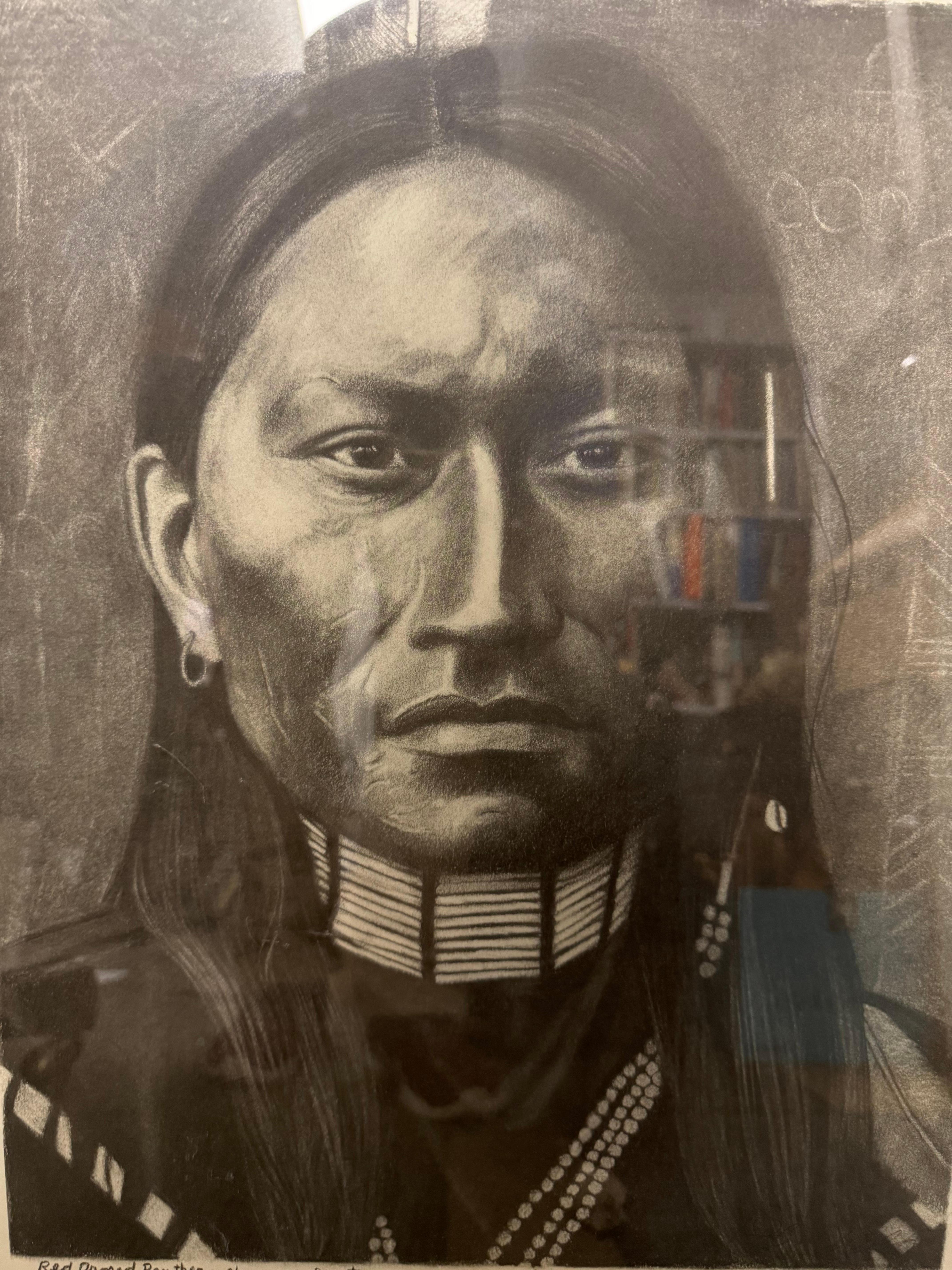 This lithograph is by Robin Wolf, an artist known for his finely detailed 
portraits of American Indians. This portrait is of Red Armed Panther, a Cheyenne Indian. It was rendered in 1988 and number 31/150.

Frame size is 27