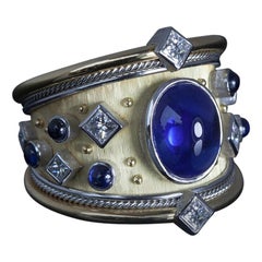 One Of A Kind Ceylon Cabochon Sapphire Diamond Platinum 18 Karat Gold Ring