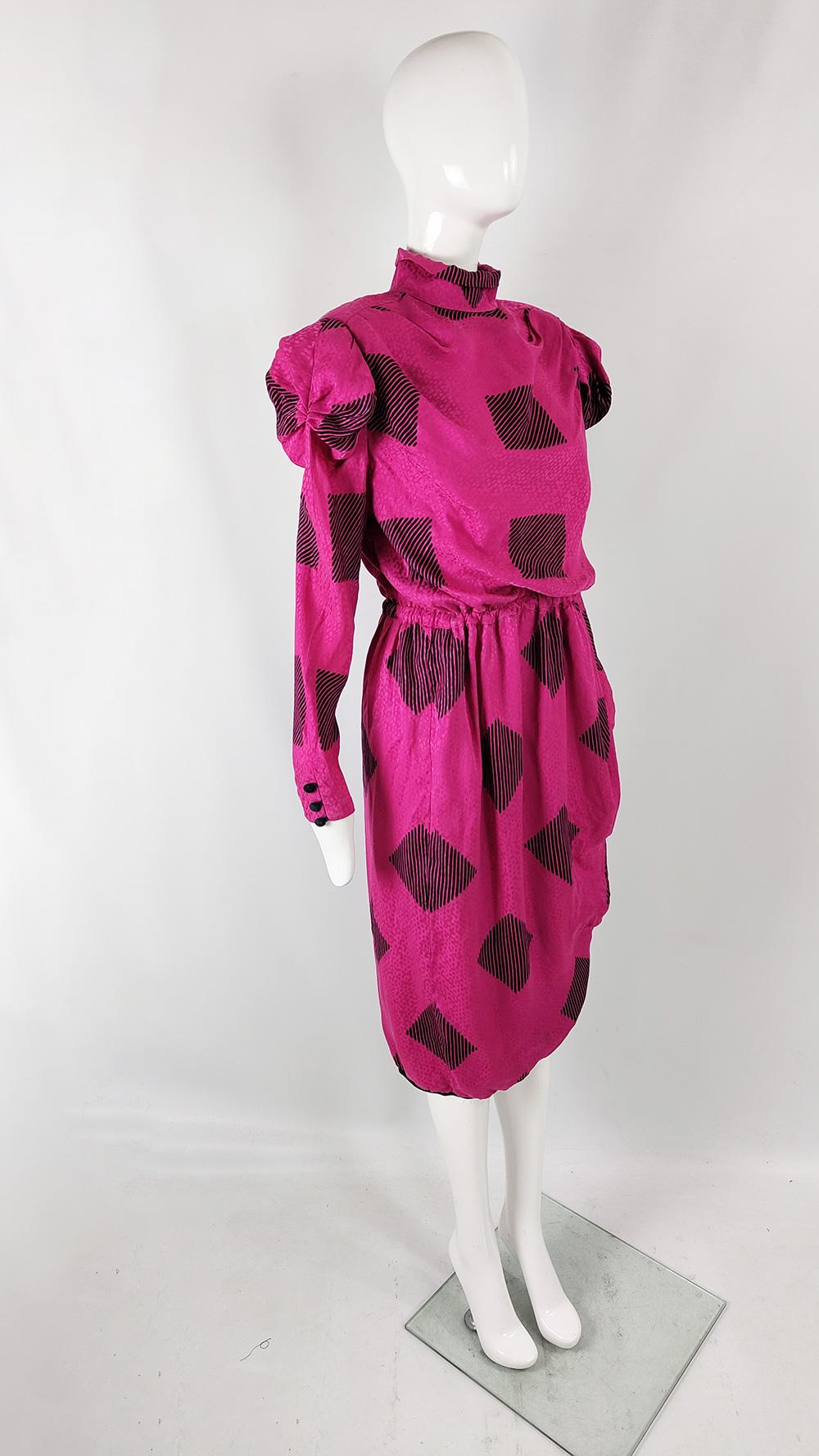 Robina Paris 80s Vintage Fuchsia Silk Architectural Sleeve Evening Dress, 1980s In Good Condition For Sale In Doncaster, South Yorkshire