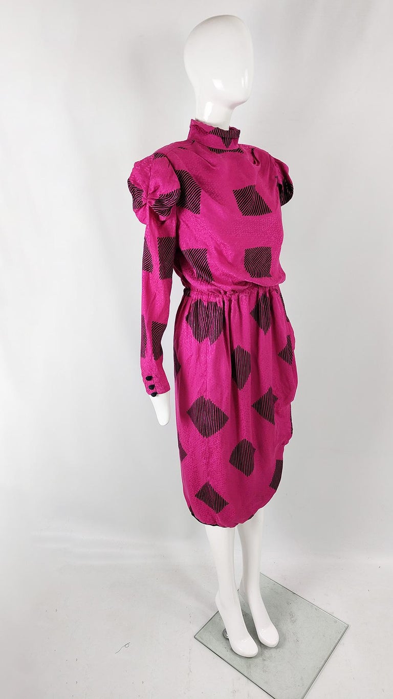 Robina Paris 80s Vintage Fuchsia Silk Architectural Sleeve Evening