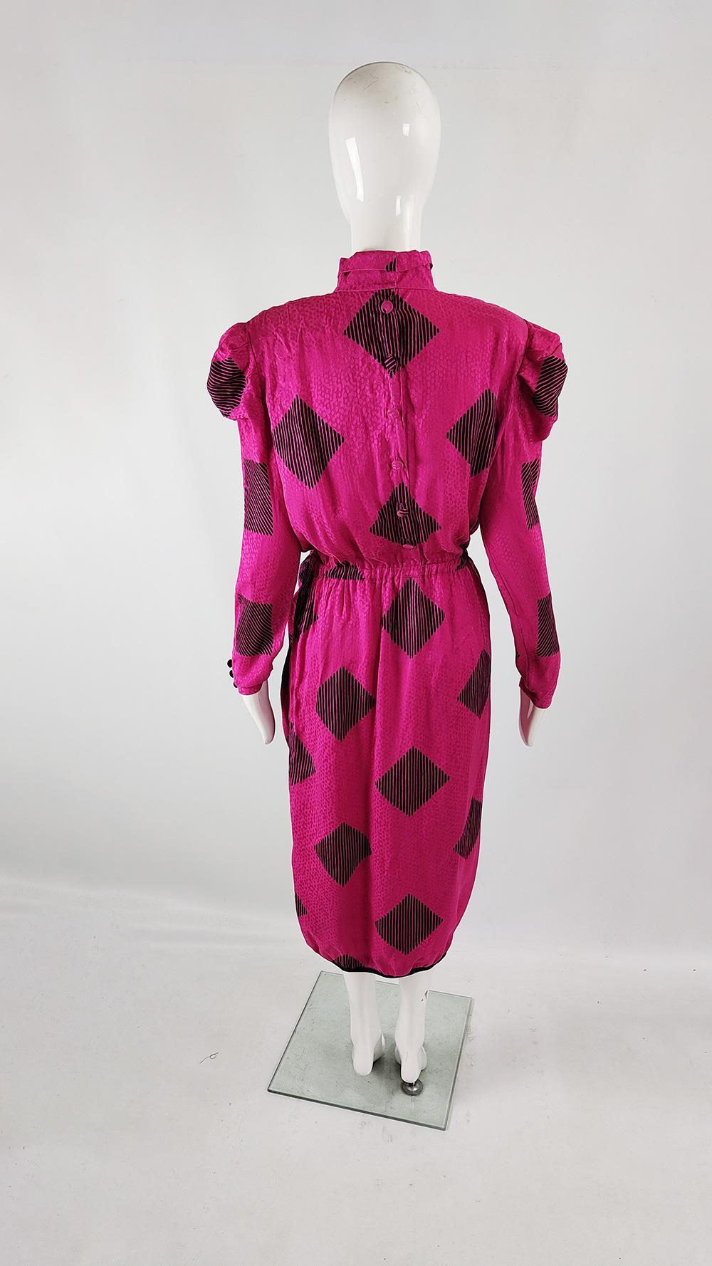 Women's Robina Paris 80s Vintage Fuchsia Silk Architectural Sleeve Evening Dress, 1980s For Sale