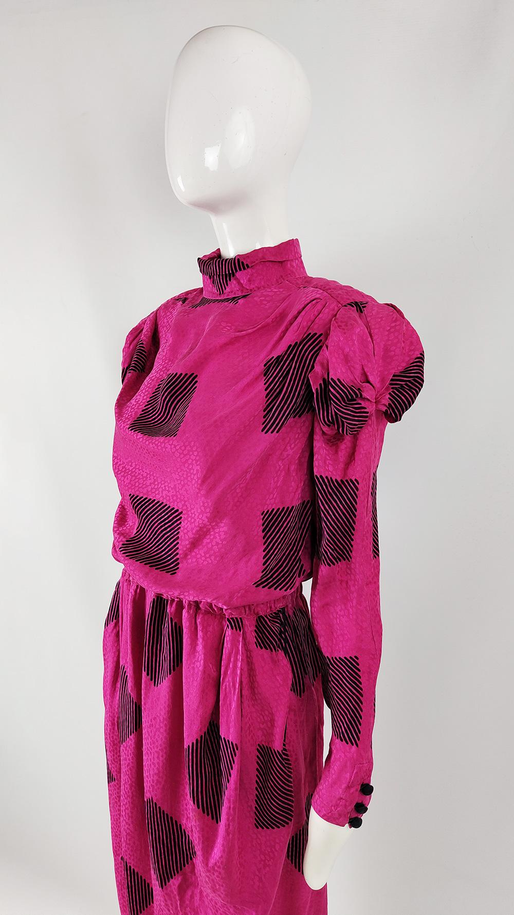 Robina Paris 80s Vintage Fuchsia Silk Architectural Sleeve Evening Dress, 1980s For Sale 4