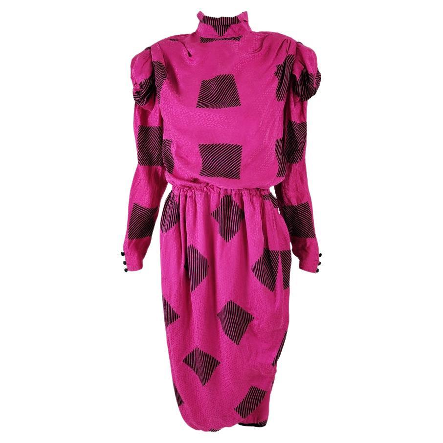 Robina Paris 80s Vintage Fuchsia Silk Architectural Sleeve Evening Dress, 1980s For Sale