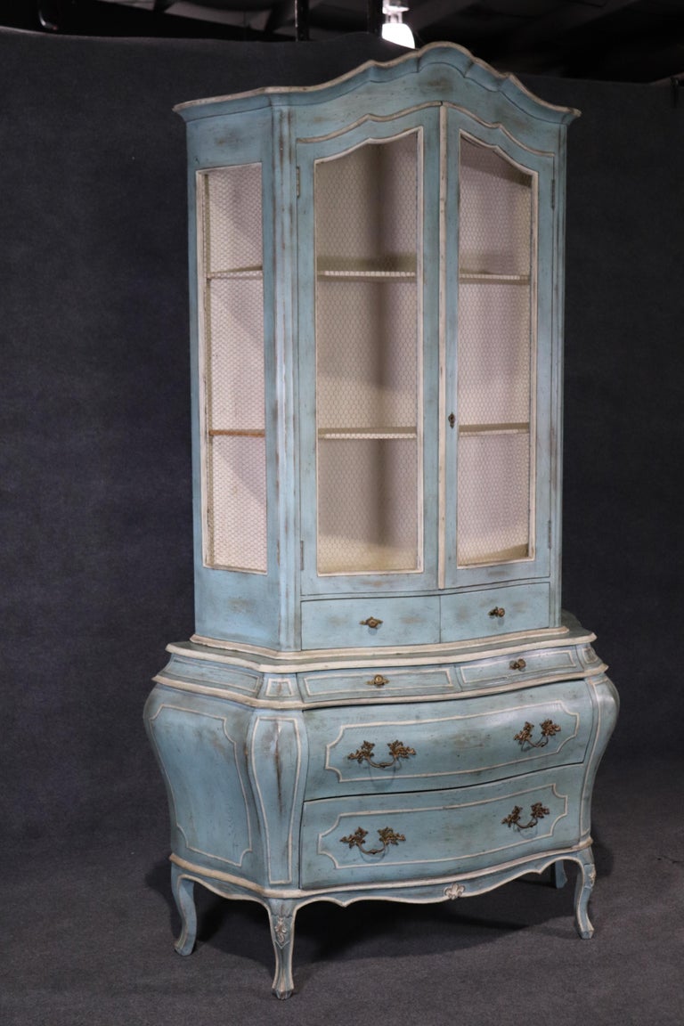 Robins Egg Blue Italian Florentine Painted Bombe and Mesh Vitrine China