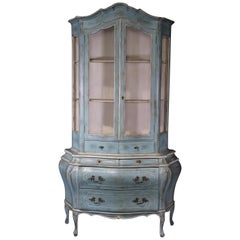 Robins Egg Blue Italian Florentine Painted Bombe and Mesh Vitrine China Cabinet