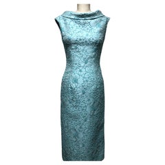 Robin's Egg Blue Matelasse Roll Collar Slim Dress with Tie Back Detail