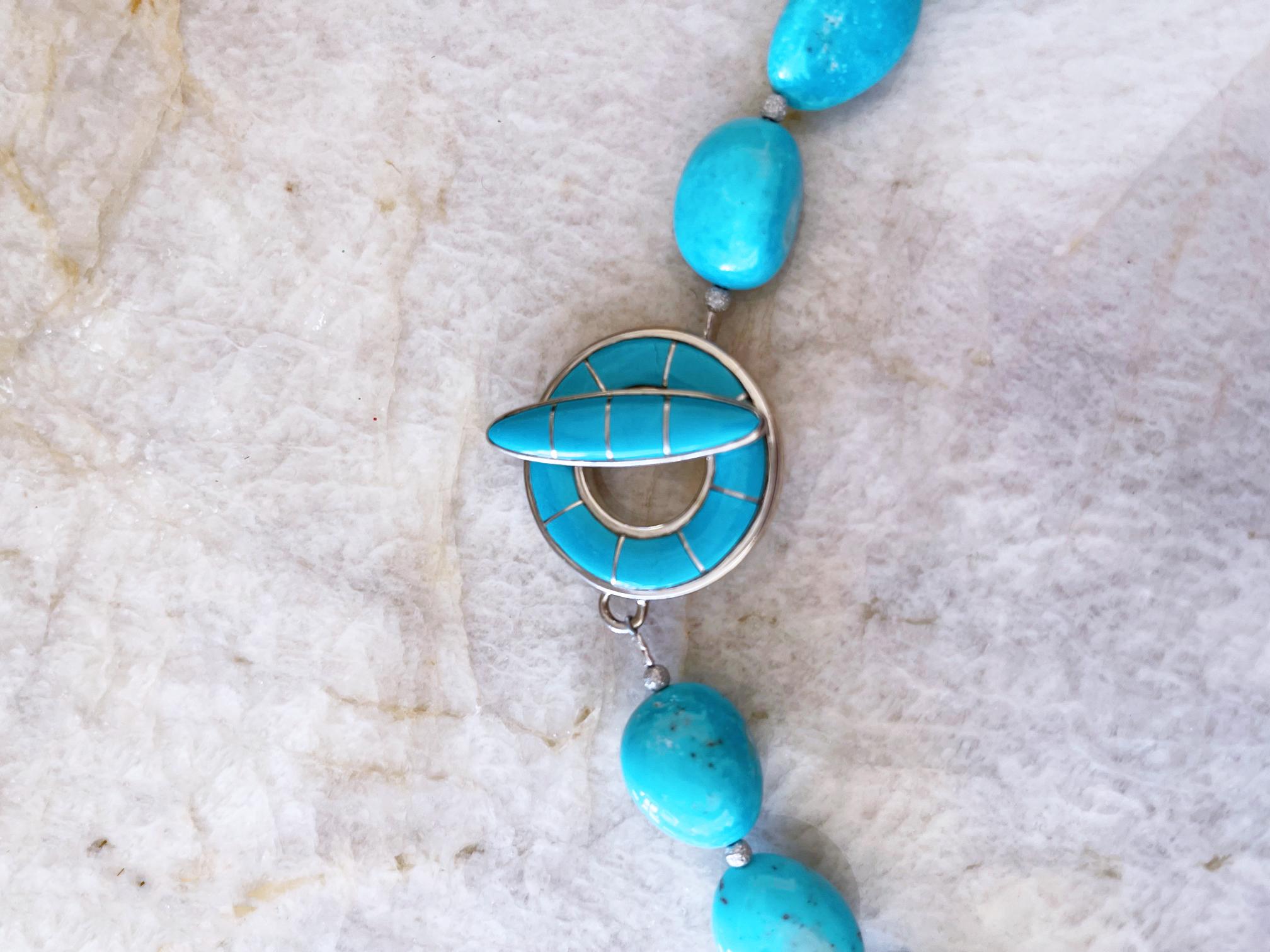 Women's Robin's Egg Blue Nacozari Turquoise Beaded Necklace with Inlay Toggle Clasp For Sale