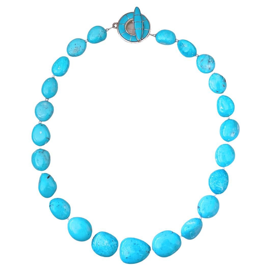 Robin's Egg Blue Nacozari Turquoise Beaded Necklace with Inlay Toggle Clasp For Sale