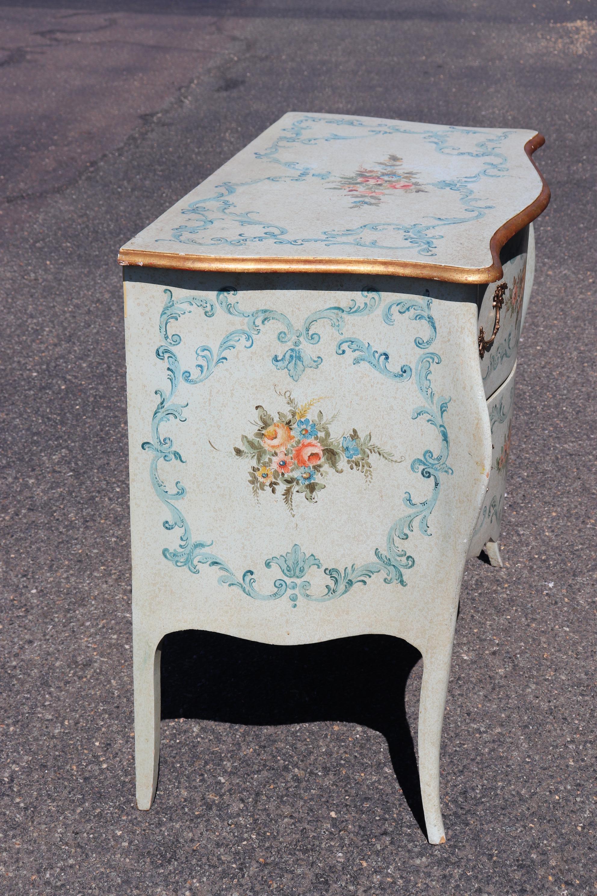Robin's Egg Blue Venetian Paint Decorated Distressed Italian Commode Circa 1950 For Sale 4