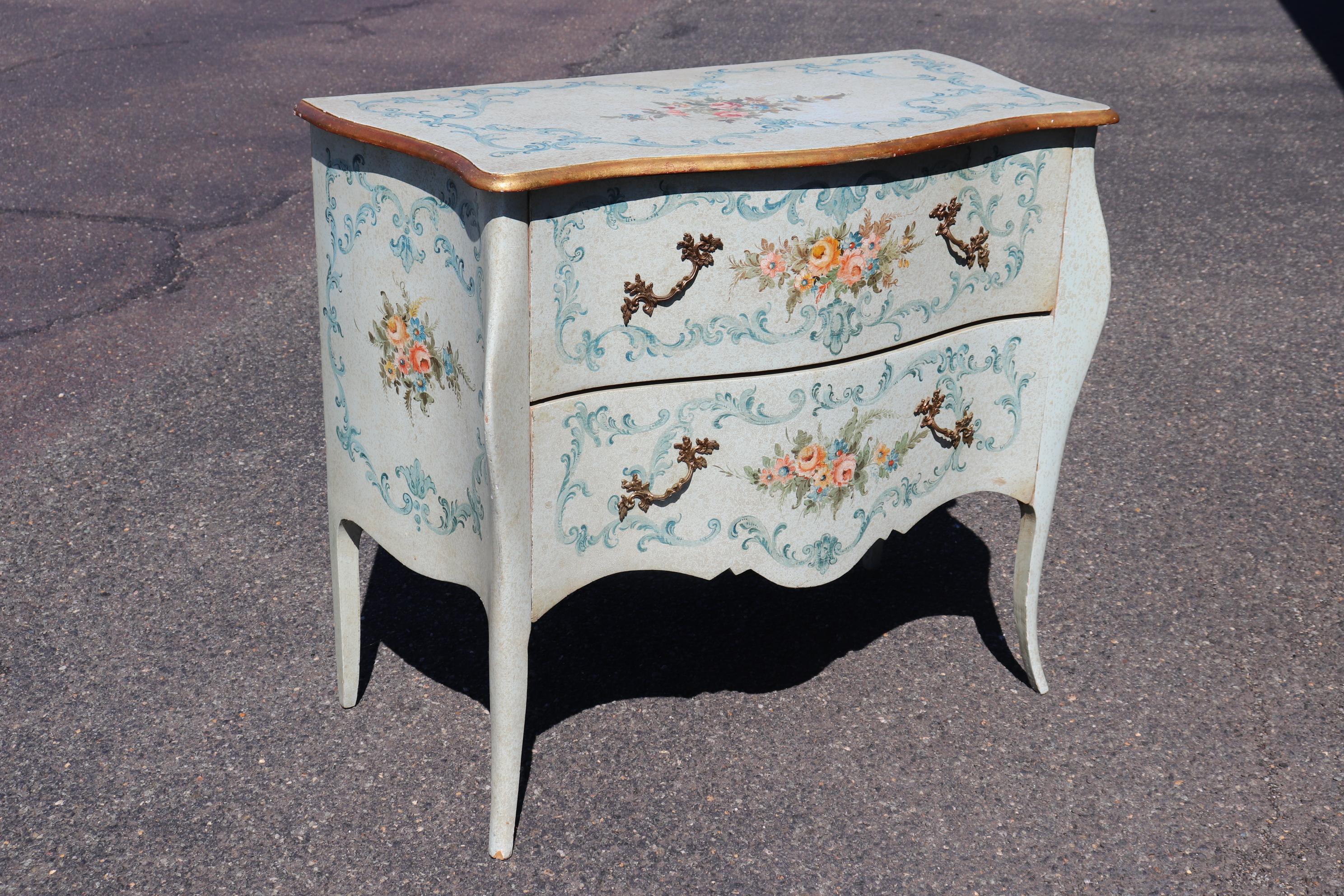 Robin's Egg Blue Venetian Paint Decorated Distressed Italian Commode Circa 1950 For Sale 6