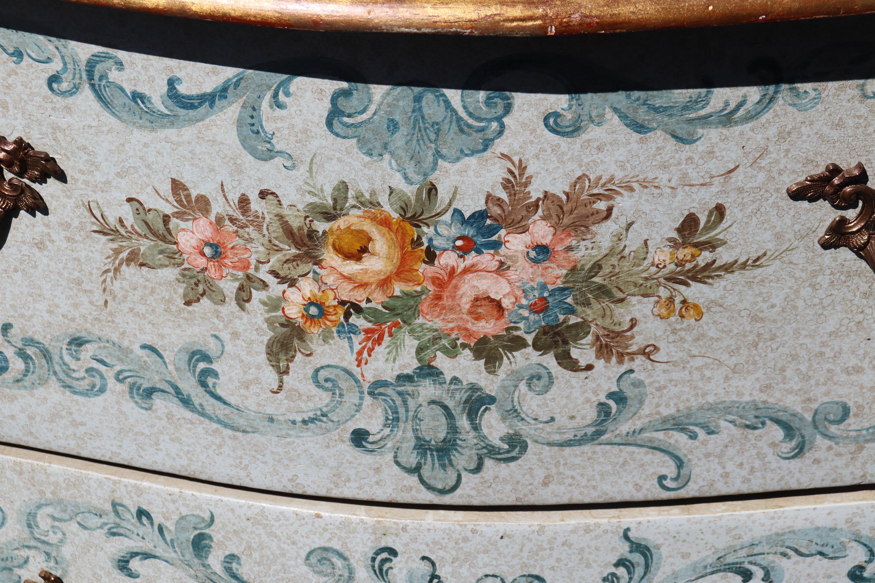 Robin's Egg Blue Venetian Paint Decorated Distressed Italian Commode Circa 1950 For Sale 14