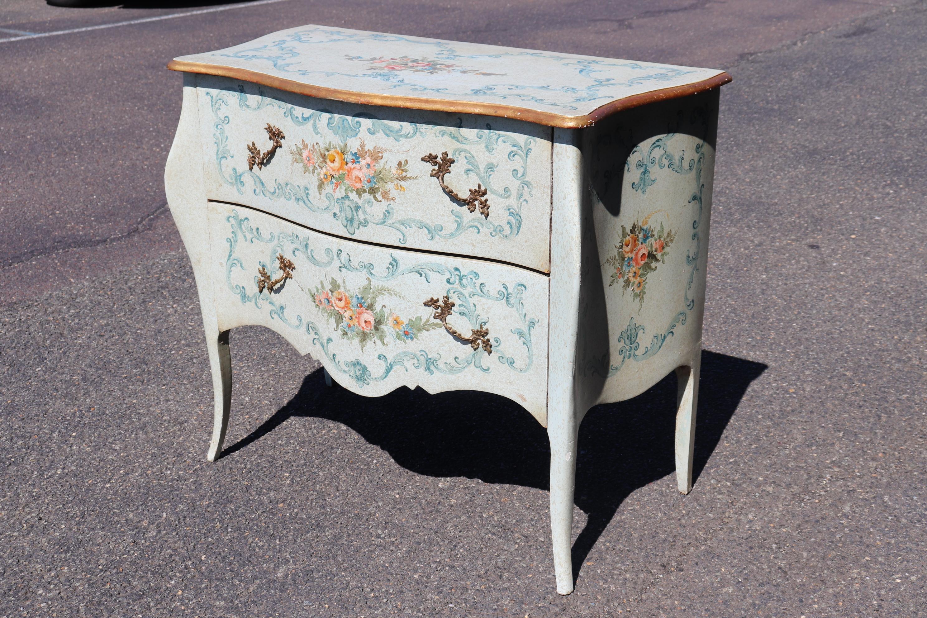 Louis XV Robin's Egg Blue Venetian Paint Decorated Distressed Italian Commode Circa 1950 For Sale