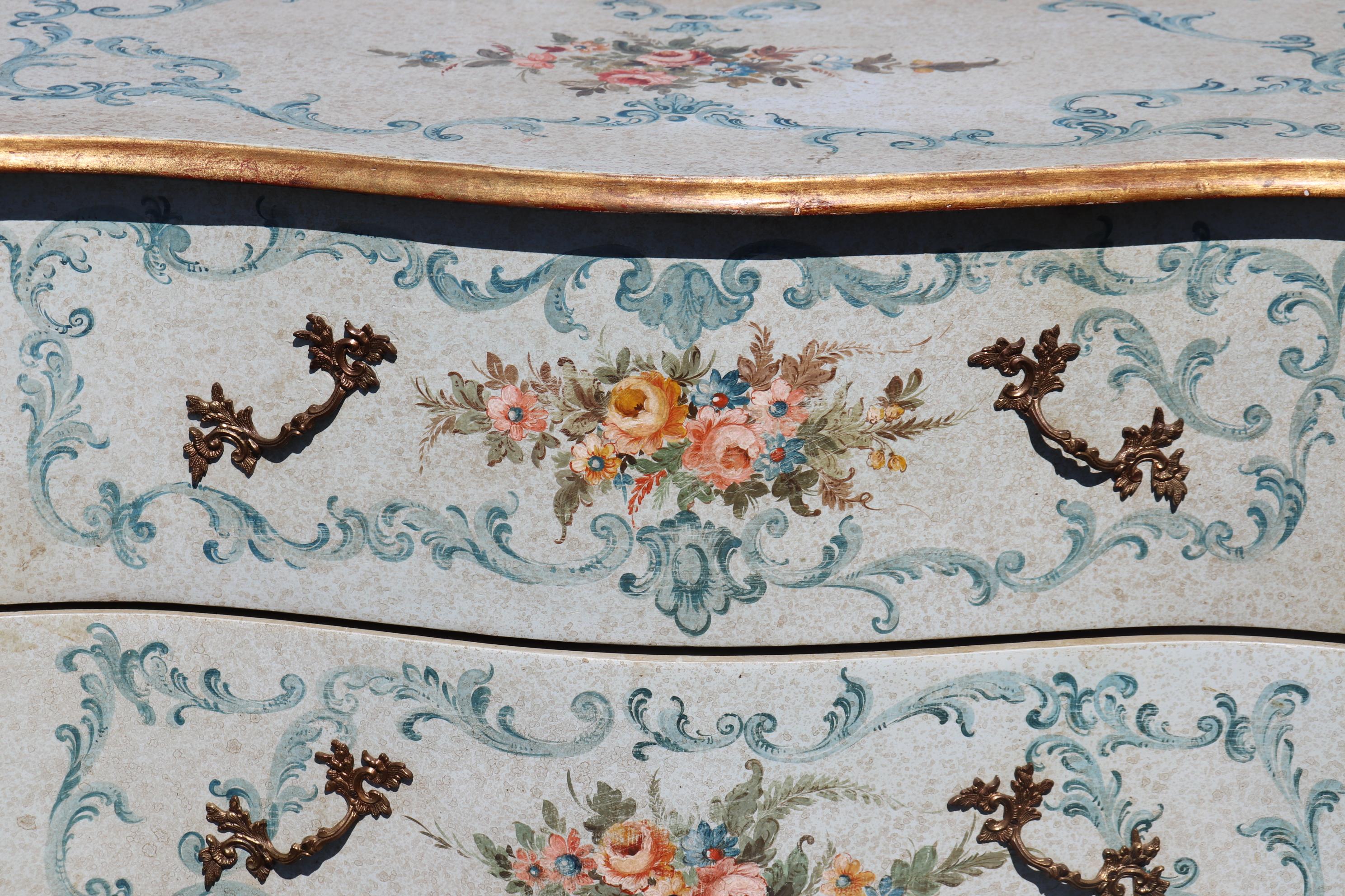 Mid-20th Century Robin's Egg Blue Venetian Paint Decorated Distressed Italian Commode Circa 1950 For Sale