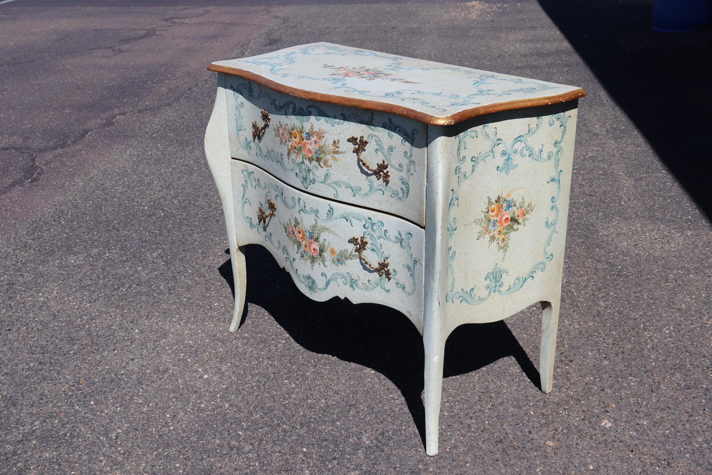 Robin's Egg Blue Venetian Paint Decorated Distressed Italian Commode Circa 1950 For Sale 1