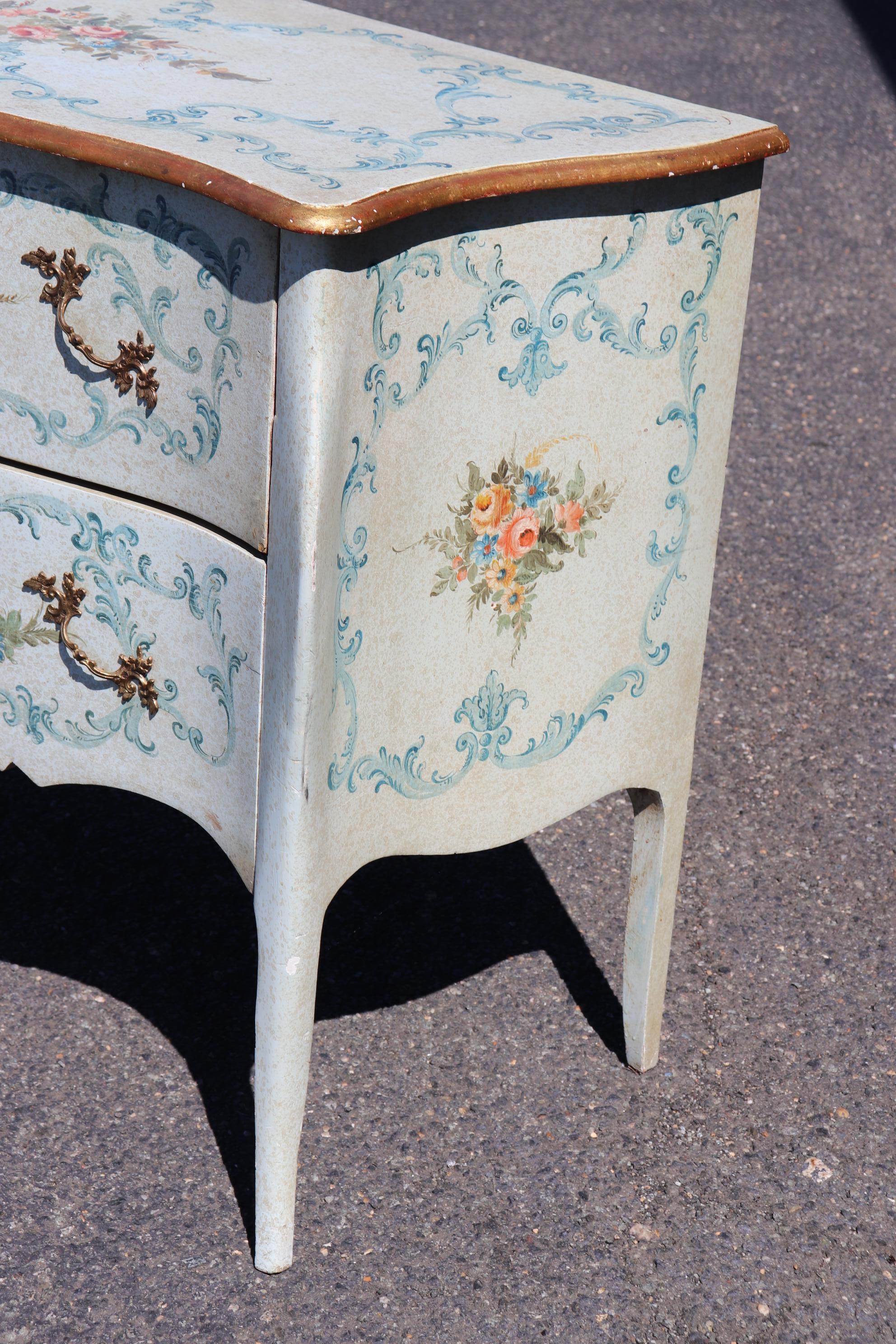 Robin's Egg Blue Venetian Paint Decorated Distressed Italian Commode Circa 1950 For Sale 2