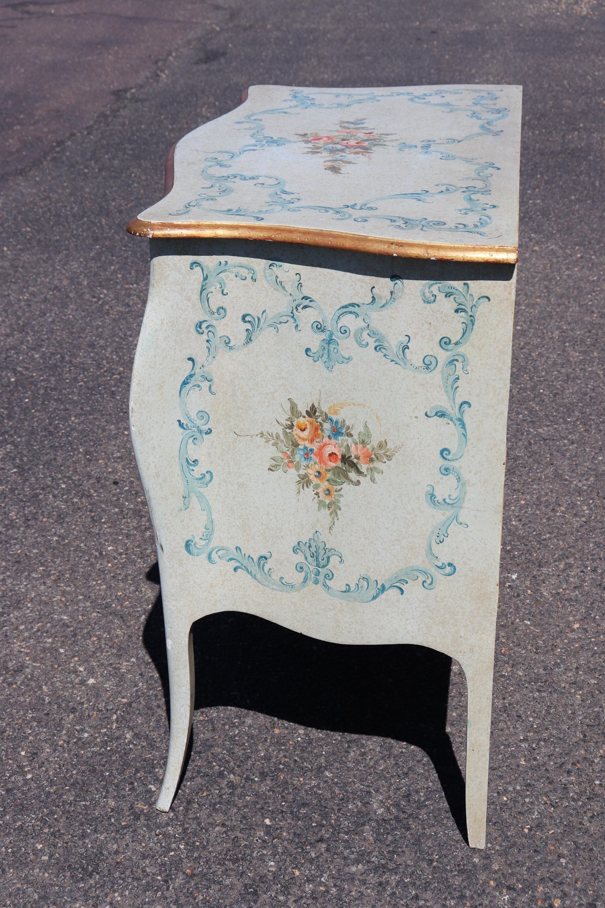 Robin's Egg Blue Venetian Paint Decorated Distressed Italian Commode Circa 1950 For Sale 3