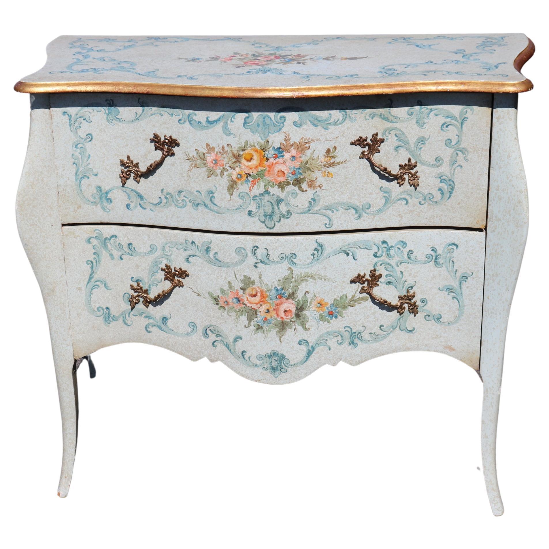 Robin's Egg Blue Venetian Paint Decorated Distressed Italian Commode Circa 1950 For Sale
