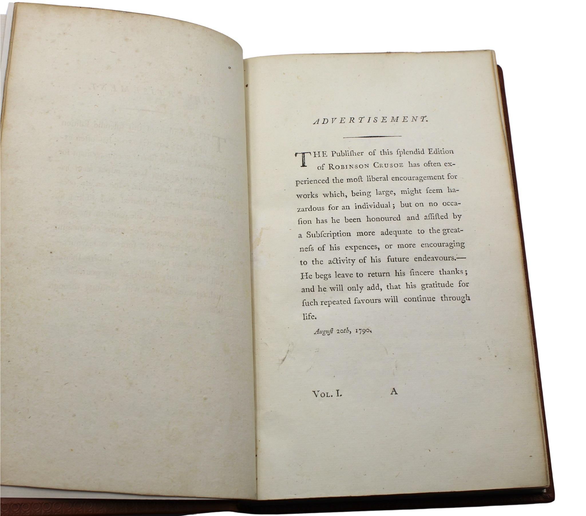 Robinson Crusoe de Daniel Defoe, Conjunto de dos volúmenes, Primera edición (así), 1790 Cuero en venta