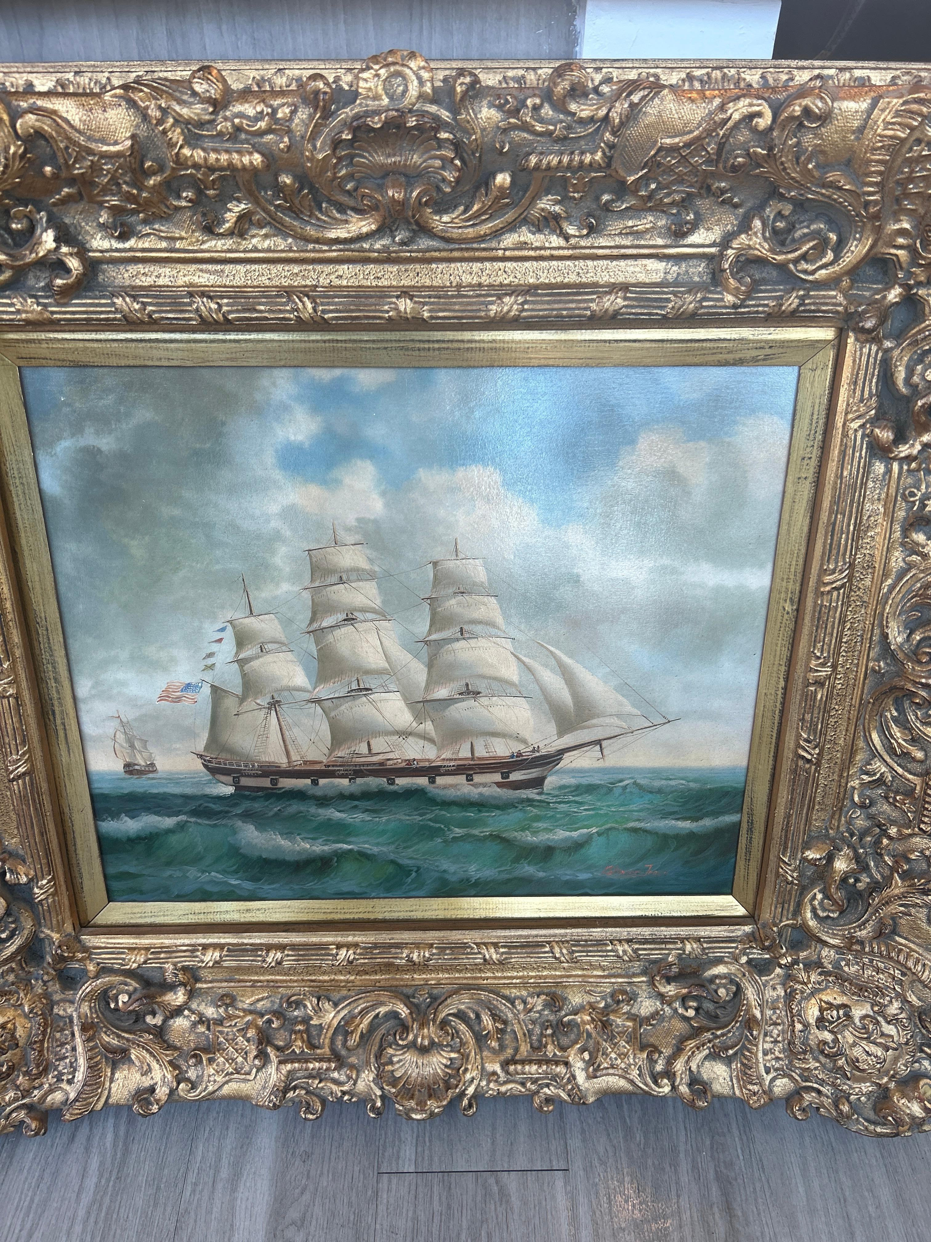 20th Century Robinson Jones Framed Oil Painting on Canvas of Sailing Vessel