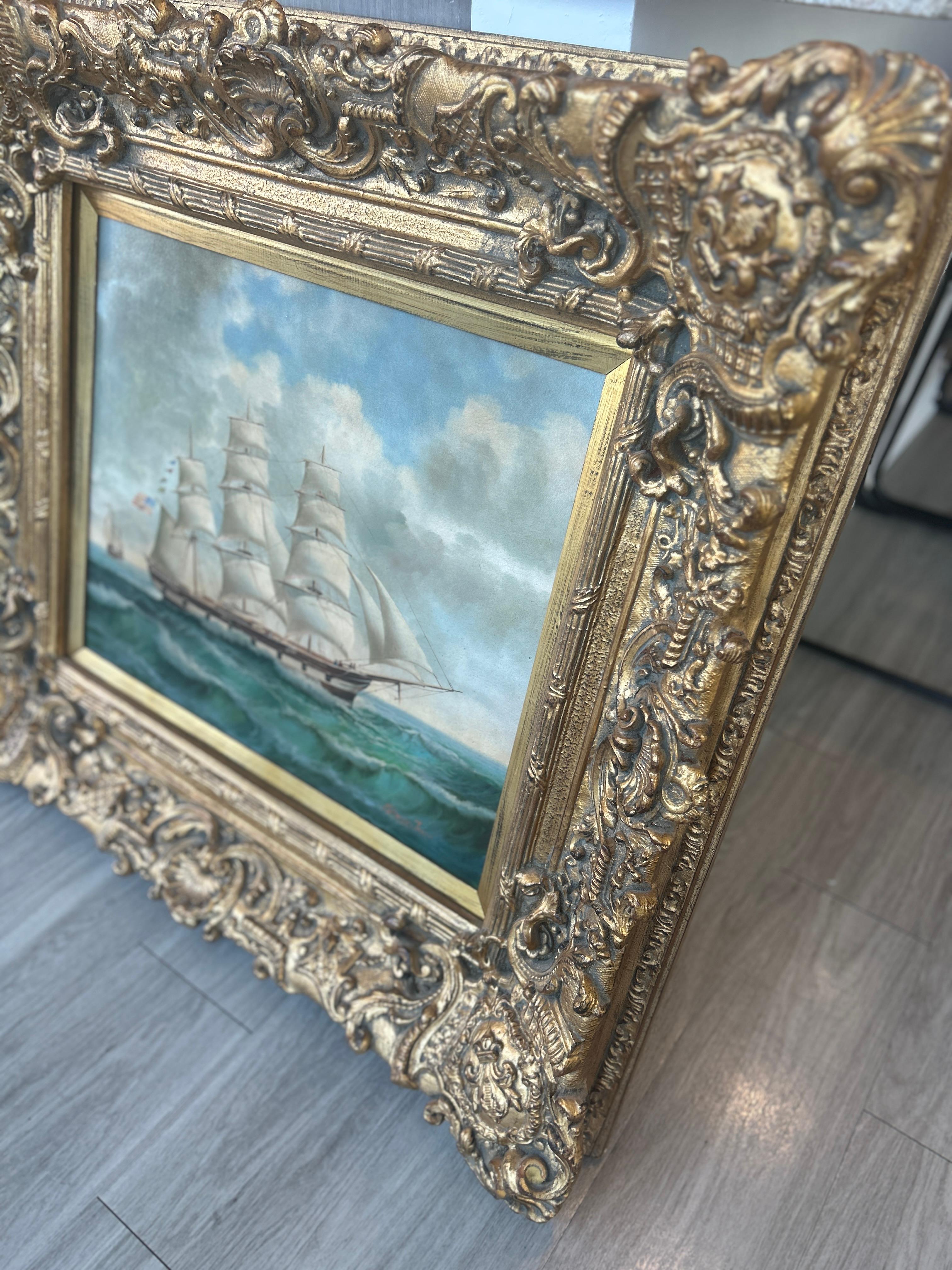 Robinson Jones Framed Oil Painting on Canvas of Sailing Vessel 1