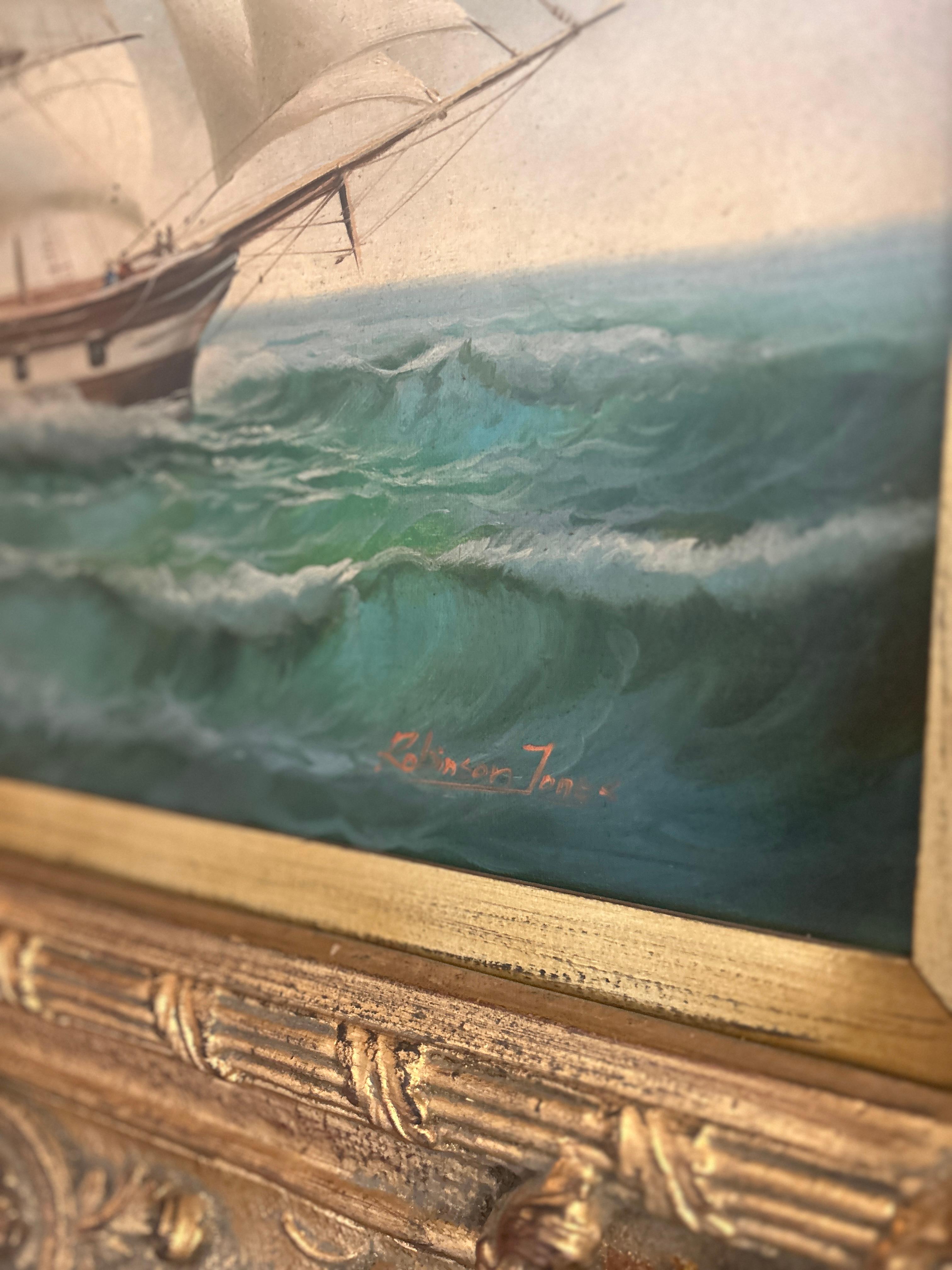 Introducing a stunning oil painting by renowned English artist Robinson Jones, born in the 19th century. This exceptional artwork captures the essence of an American sailing vessel in all its glory, beautifully rendered in the traditional English