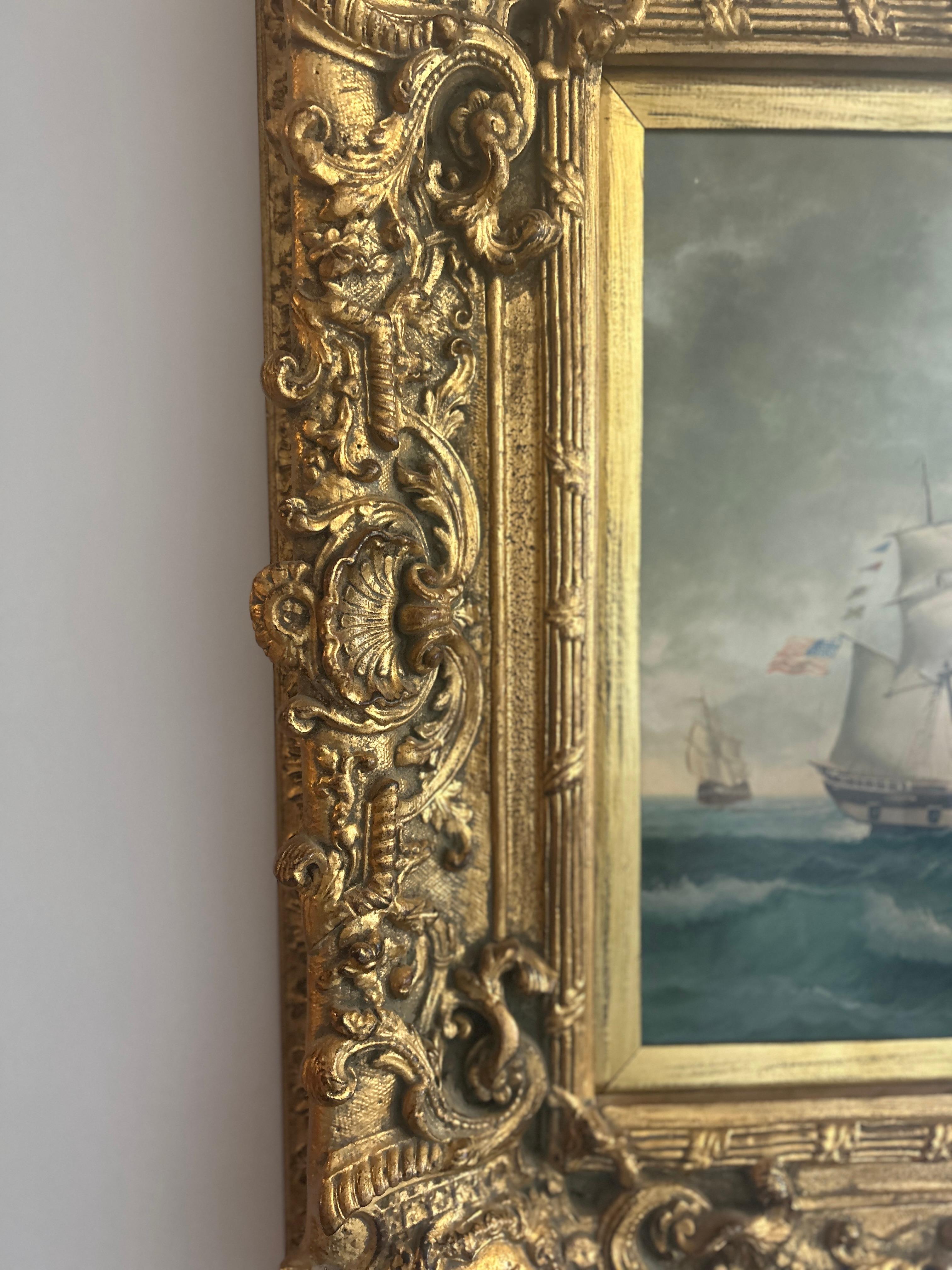English Robinson Jones Framed Oil Painting on Canvas of Sailing Vessel