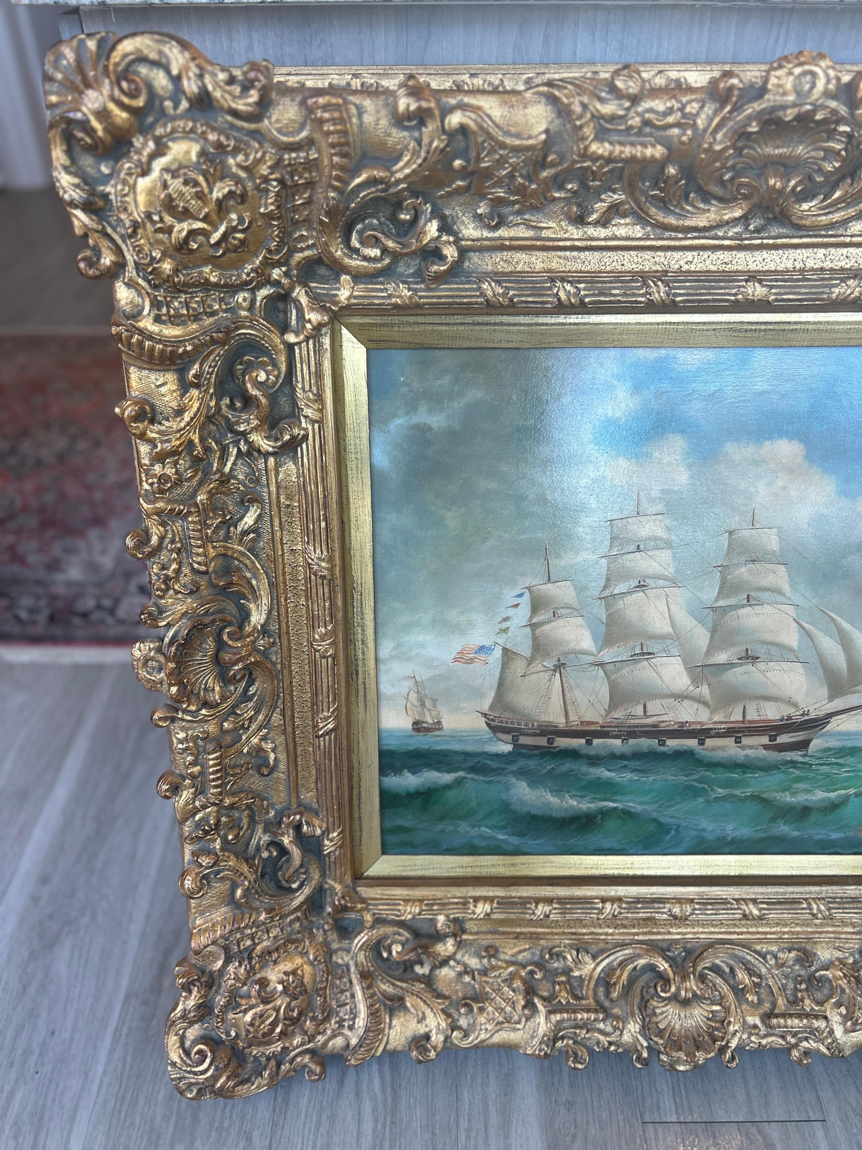 Robinson Jones Framed Oil Painting on Canvas of Sailing Vessel In Good Condition In Nashville, TN